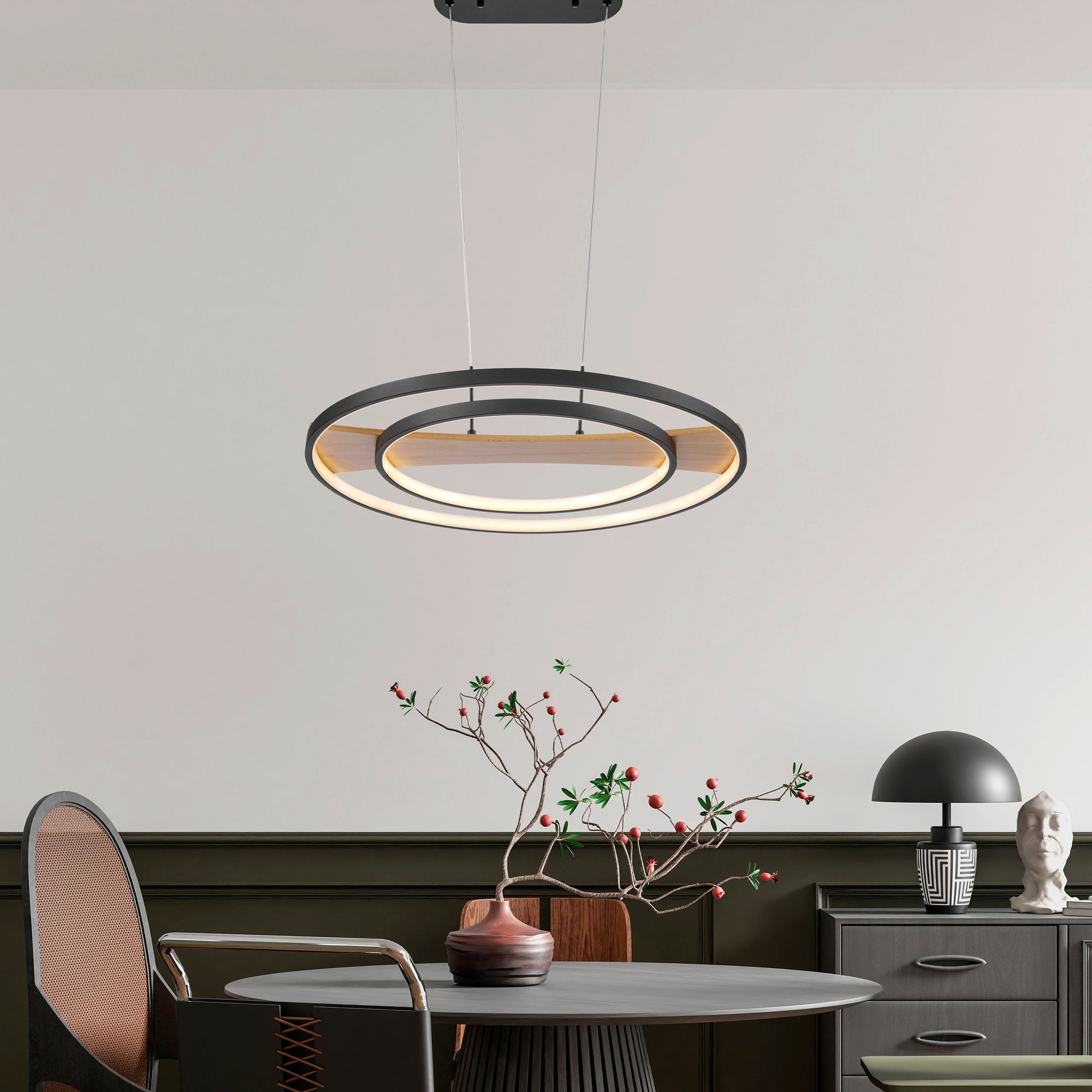Circular LED Chandelier – Satin Black & Pine Wood