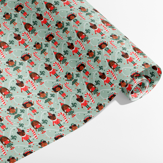 Brown Brownie Santa's Helpers holiday wrapping paper