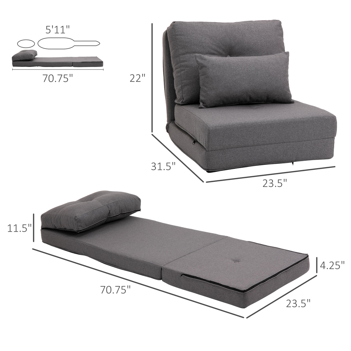 Foldcrest Convertible Floor Sofa Bed - Dark Gray