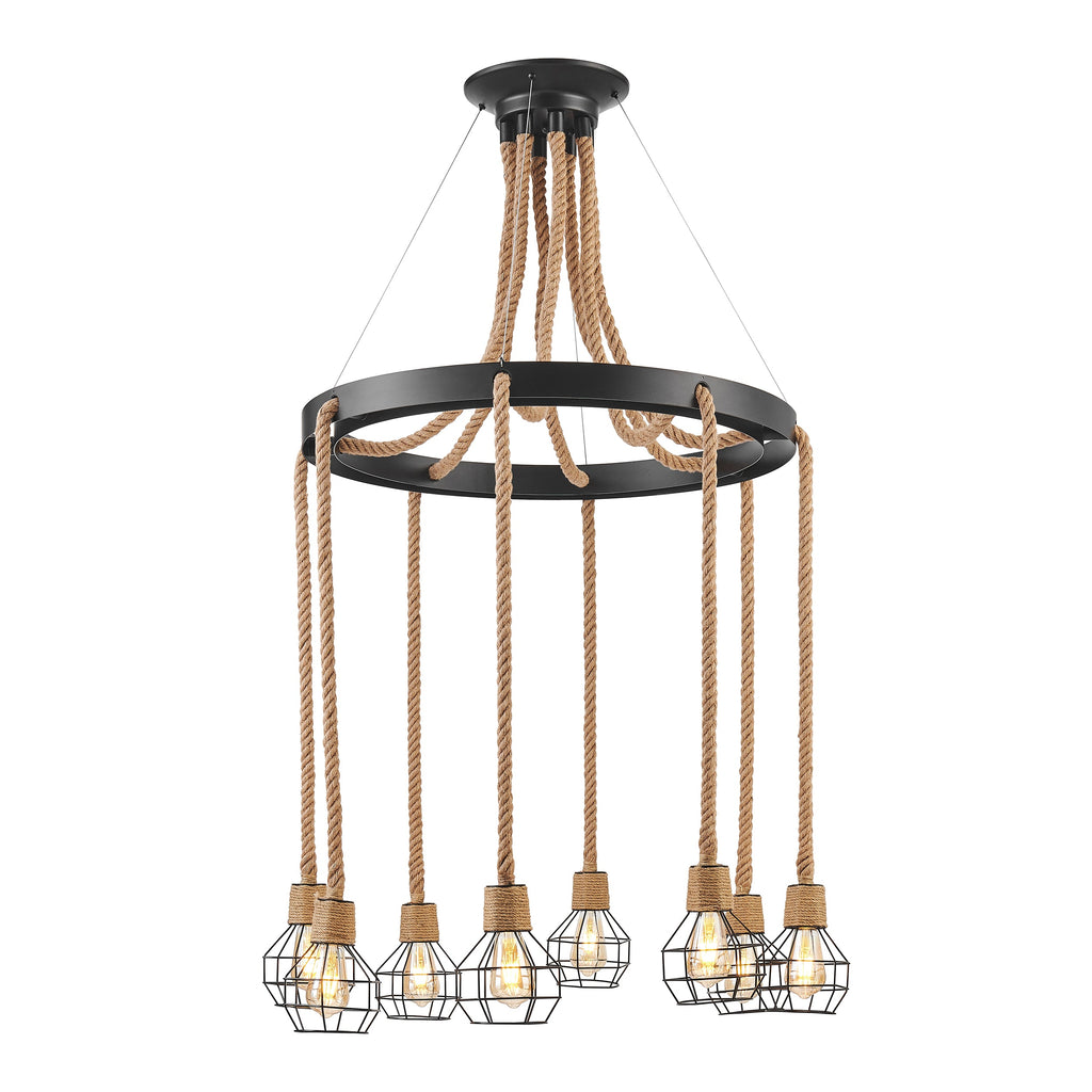 Steel & Ropes 8-Light Chandelier – Black & Natural Twine