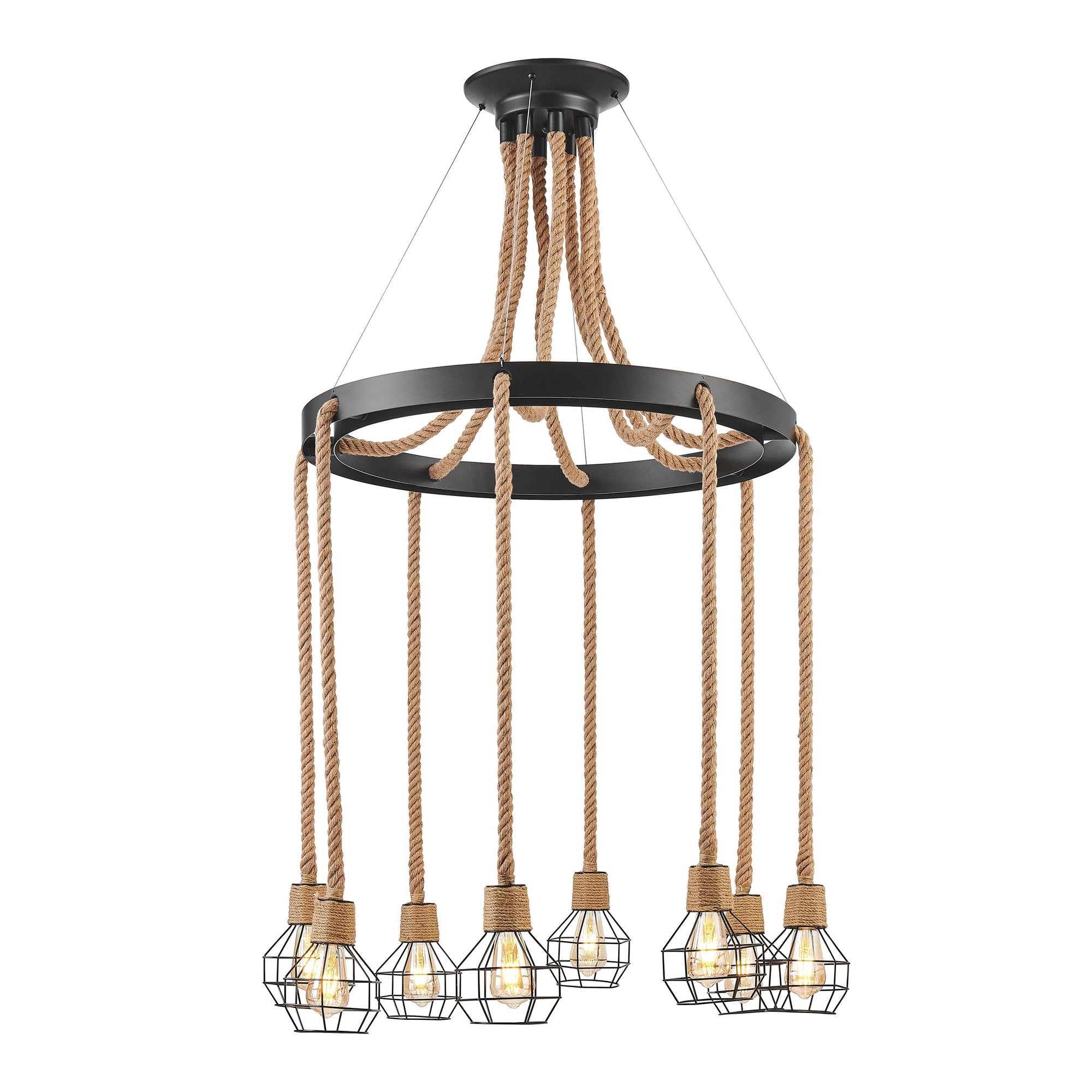 Steel & Ropes 8-Light Chandelier – Black & Natural Twine
