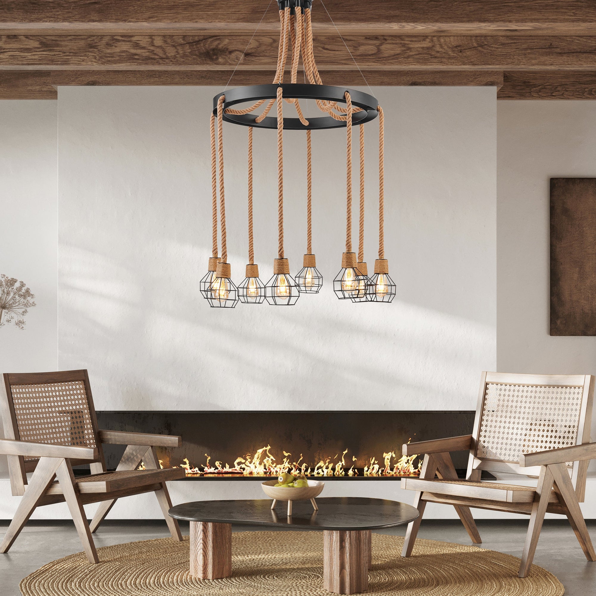 Steel & Ropes 8-Light Chandelier – Black & Natural Twine