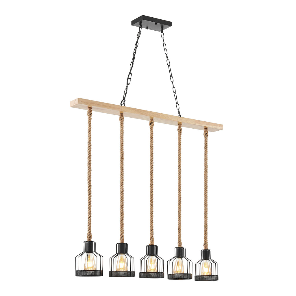 Wood & Ropes 5-Light Chandelier – Black Metal & Natural Wood