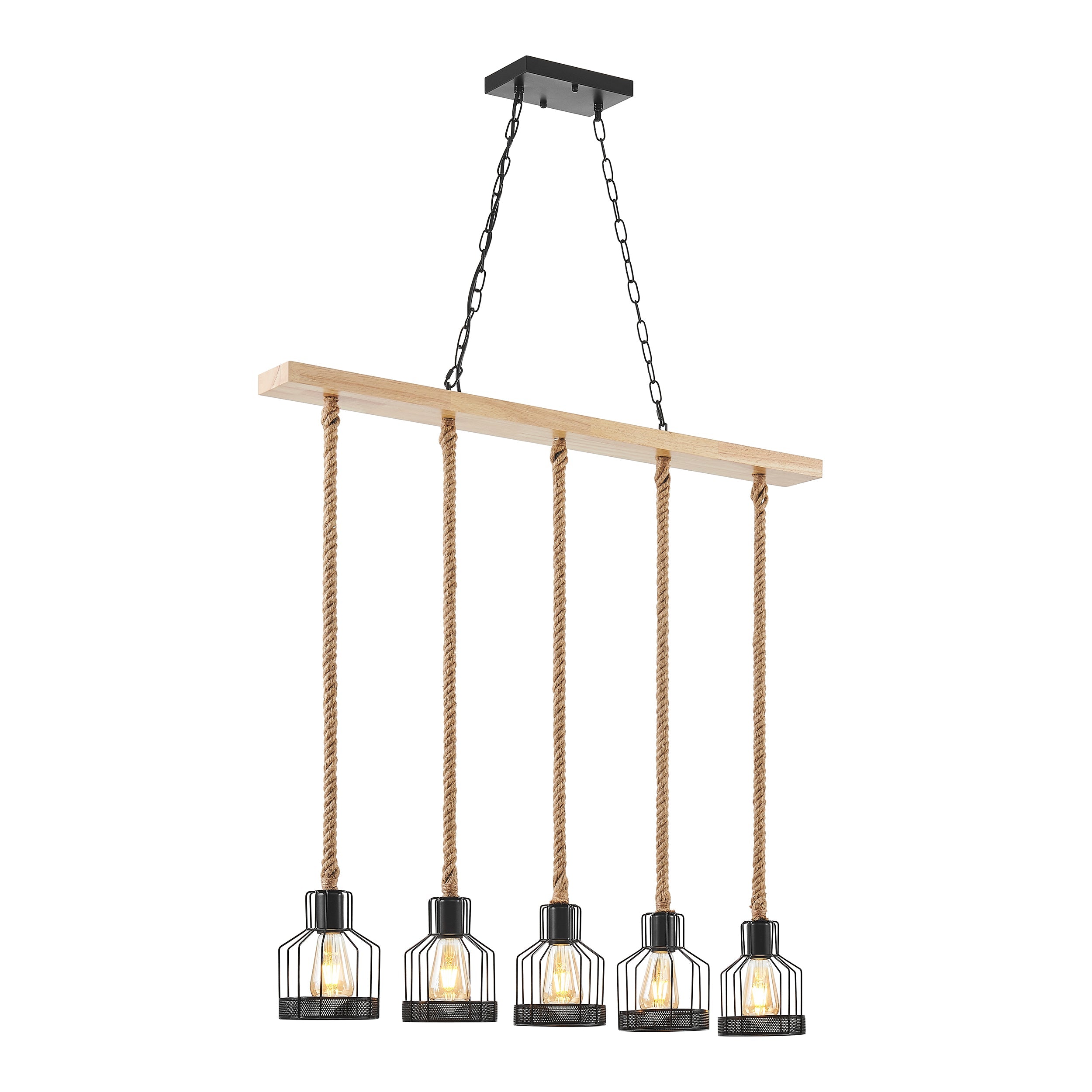 Wood & Ropes 5-Light Chandelier – Black Metal & Natural Wood