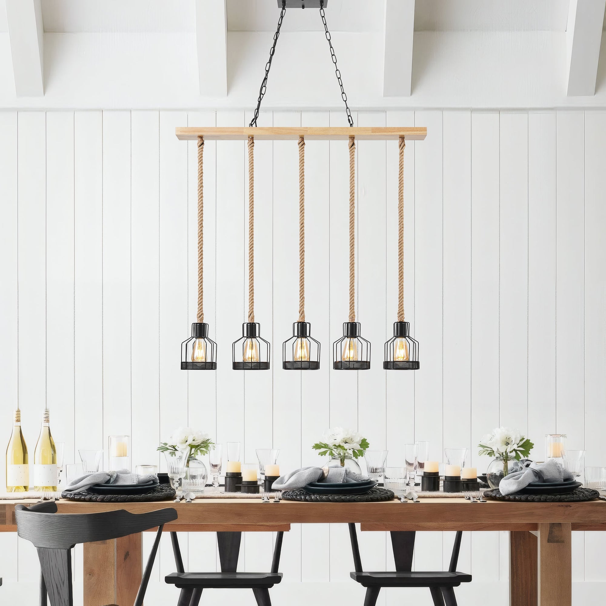 Wood & Ropes 5-Light Chandelier – Black Metal & Natural Wood