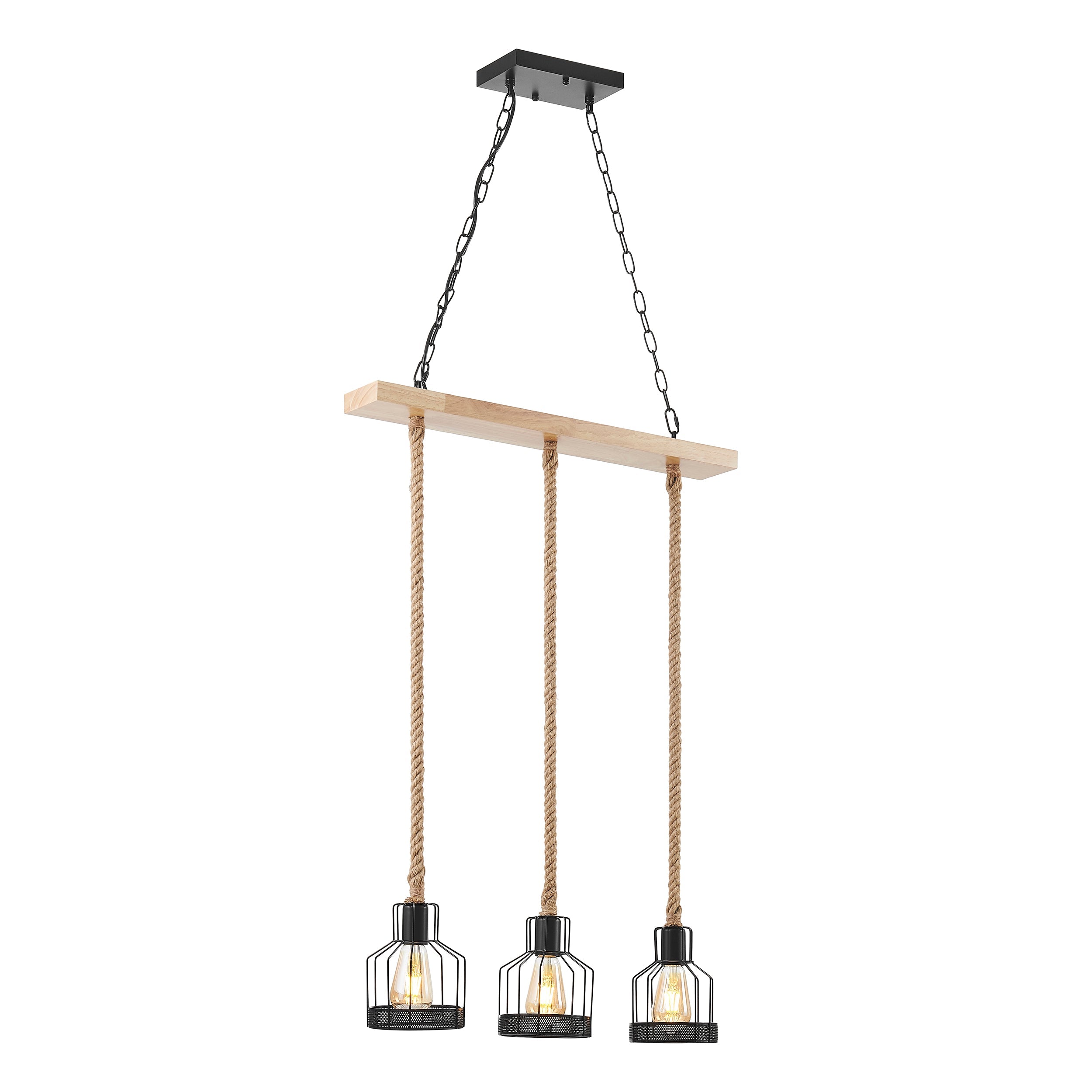 Wood & Ropes 3-Light Chandelier – Black & Natural Wood Beam