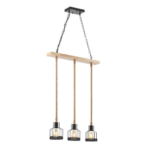 Wood & Ropes 3-Light Chandelier – Black & Natural Wood Beam