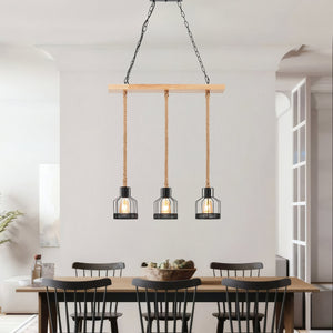 Wood & Ropes 3-Light Chandelier – Black & Natural Wood Beam