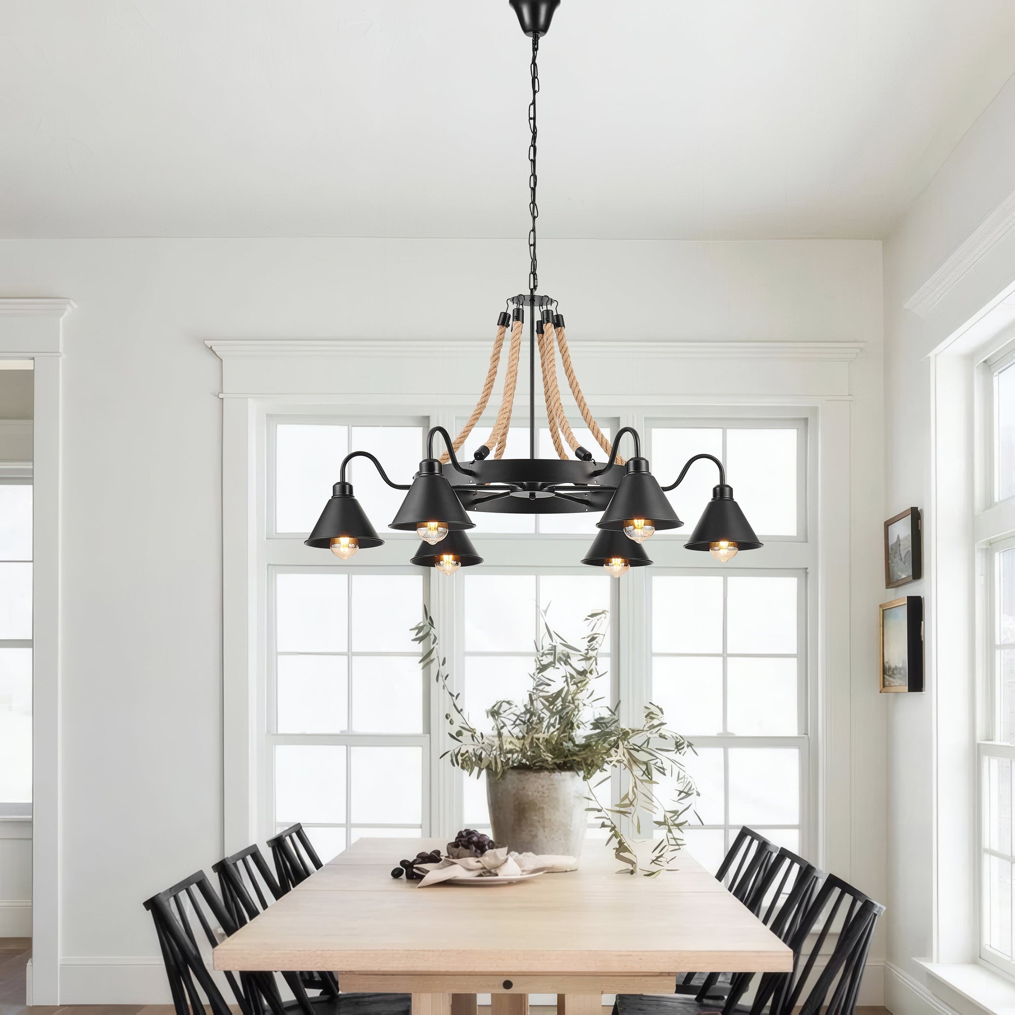 Steel & Ropes 6-Light Chandelier – Black & Natural Rope