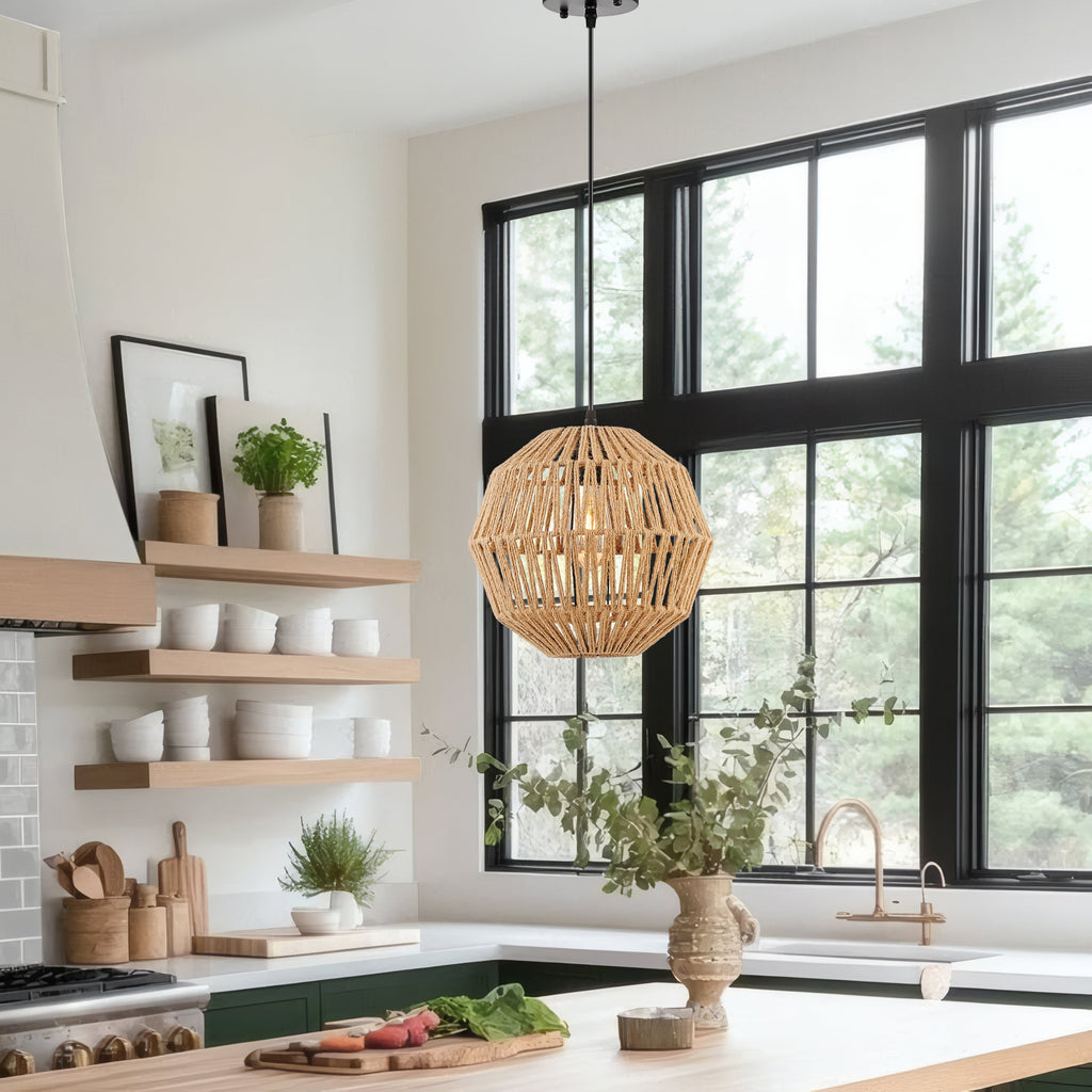Iron & Ropes 11″ Pendant – Black & Beige Twine