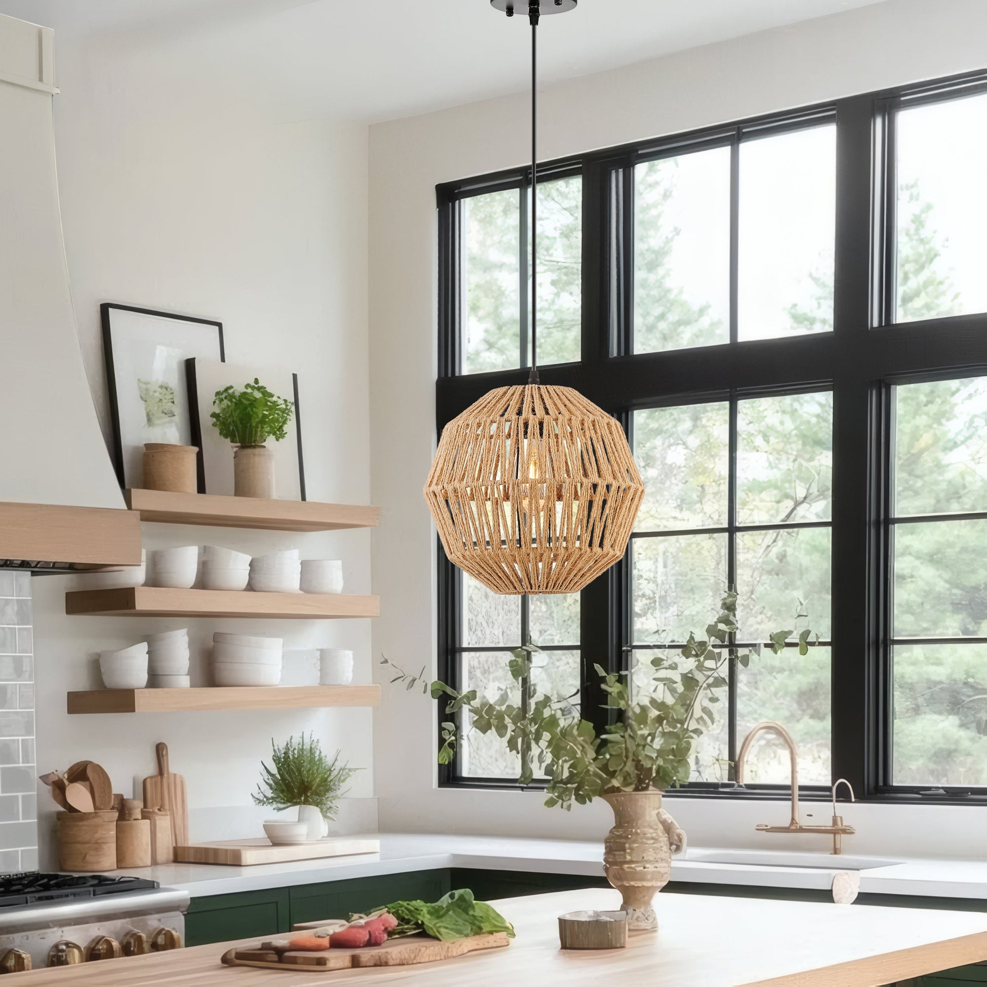 Iron & Ropes 11″ Pendant – Black & Beige Twine