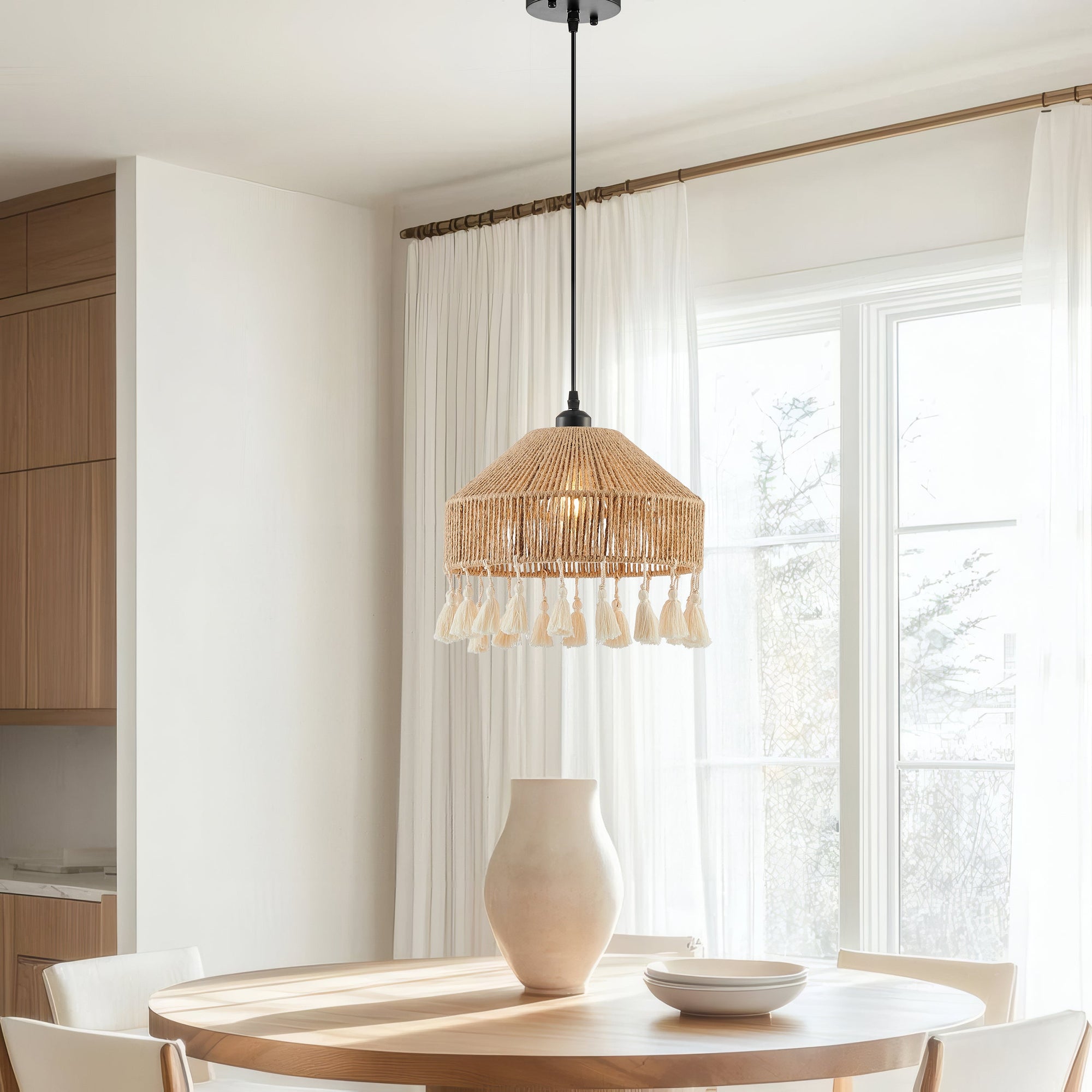 Iron & Ropes 13″ Pendant – Black & Beige Twine
