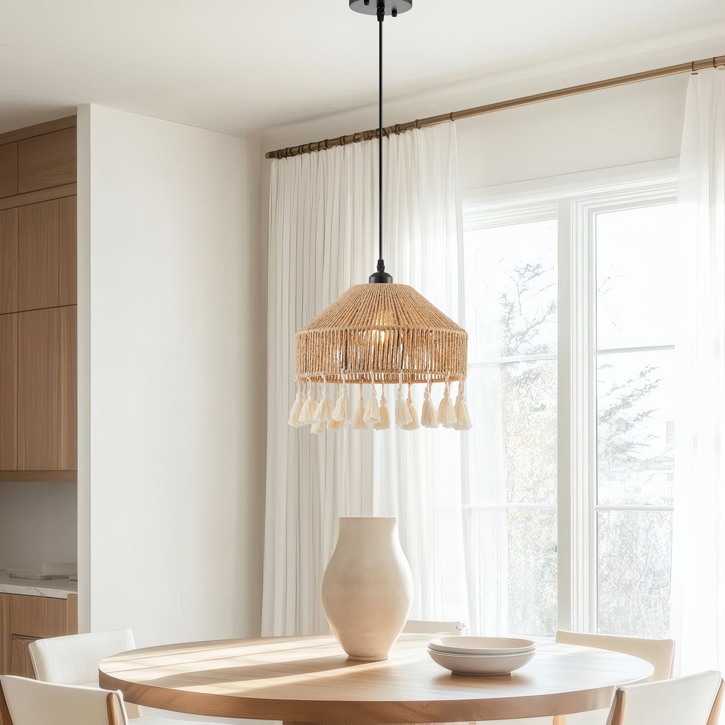 Iron & Ropes 13″ Pendant – Black & Beige Twine