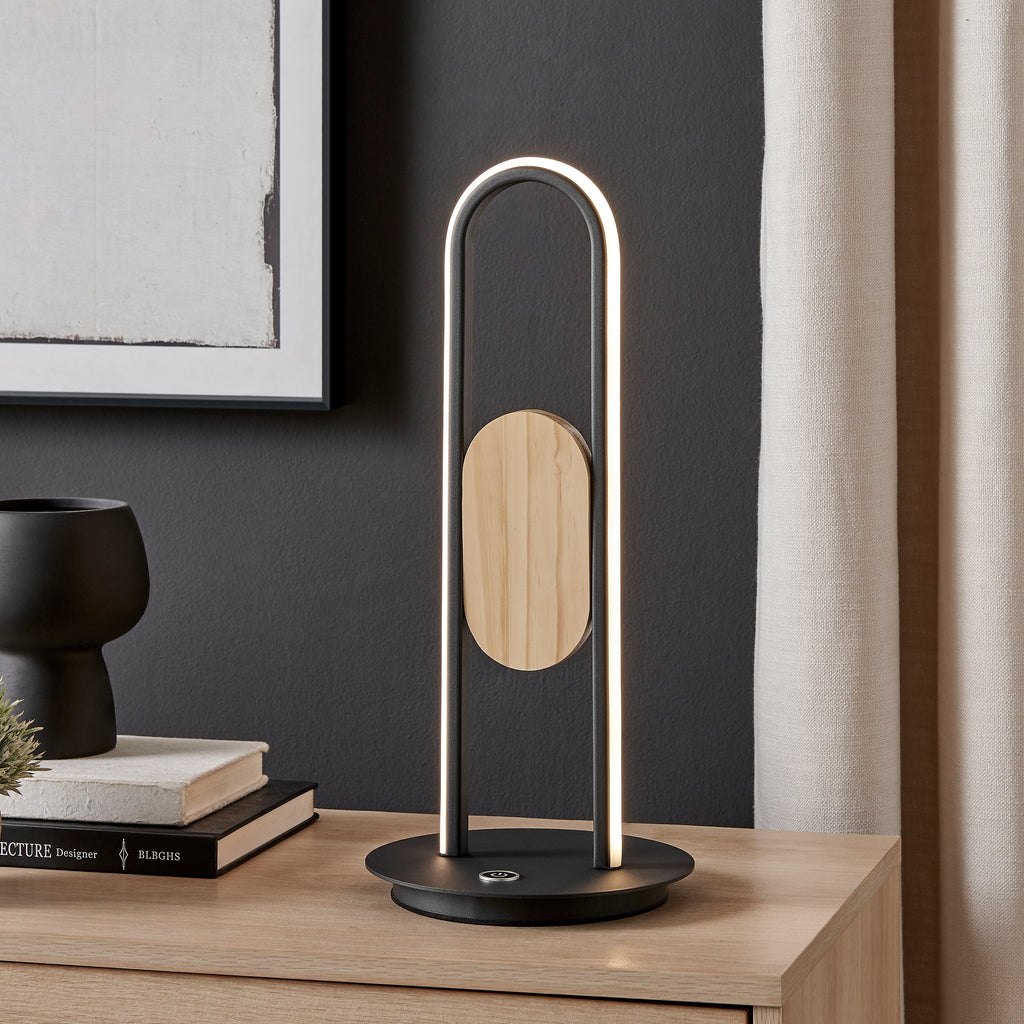Satin Black & Wood Table Lamp – Dimmable CCT LED Accent