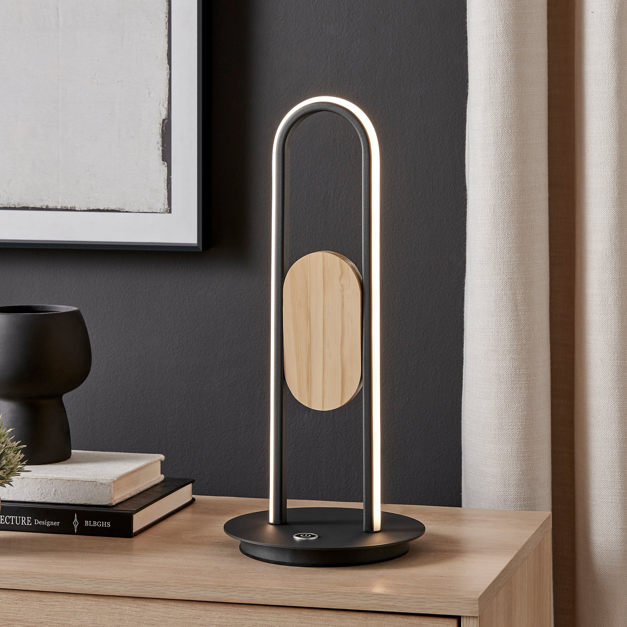 Satin Black & Wood Table Lamp – Dimmable CCT LED Accent