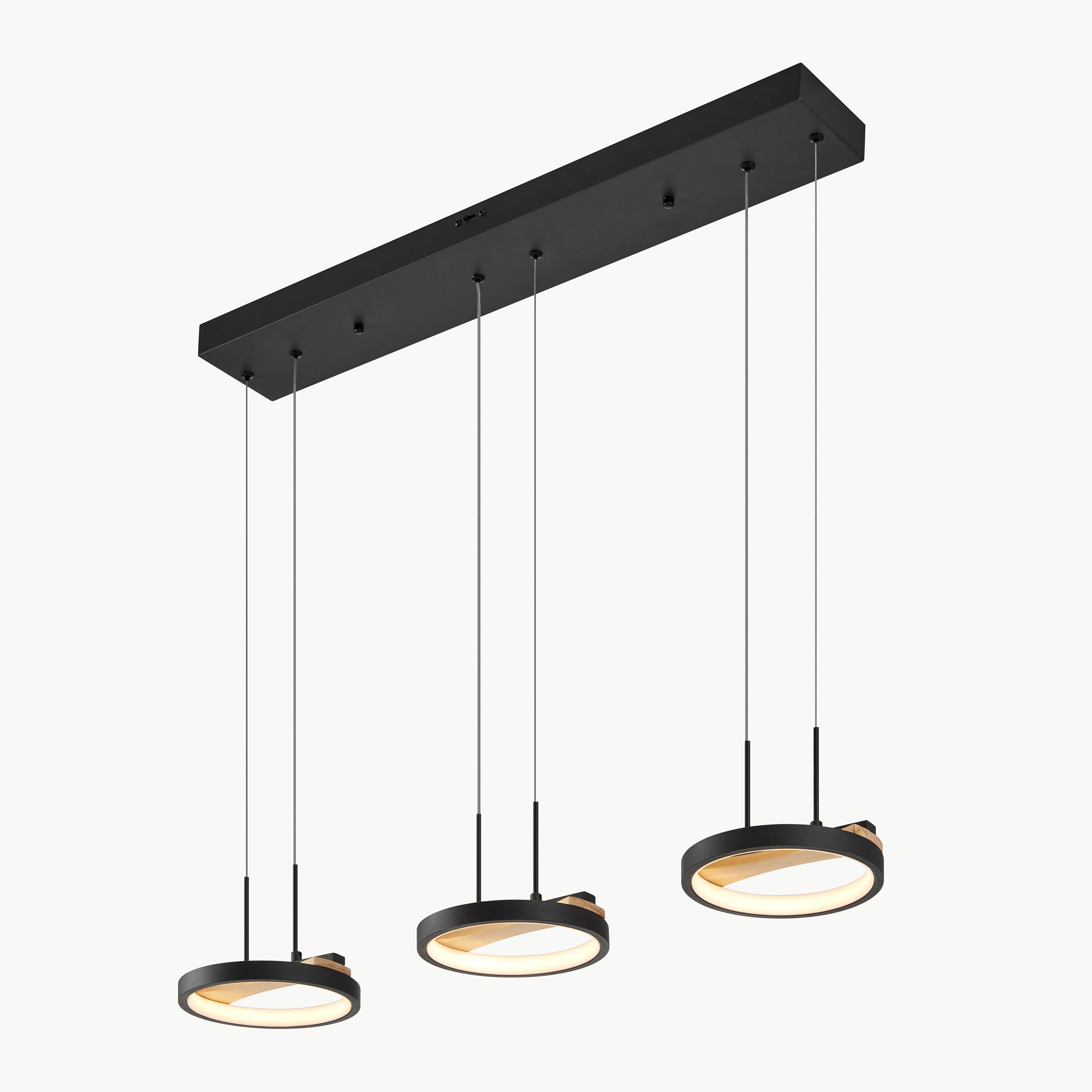 3-Head Satin Black & Wood Chandelier – Tunable CCT LED