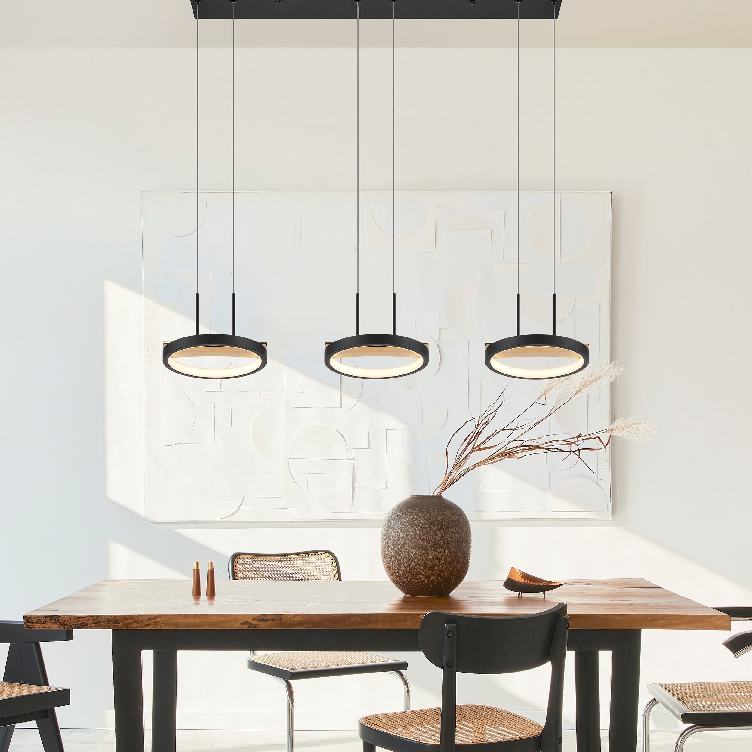 3-Head Satin Black & Wood Chandelier – Tunable CCT LED