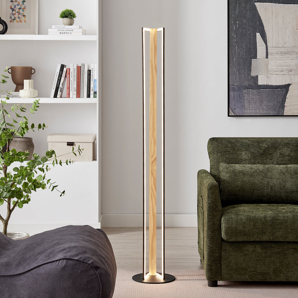Sculptural Floor Lamp – Satin Black Iron & Natural Wood