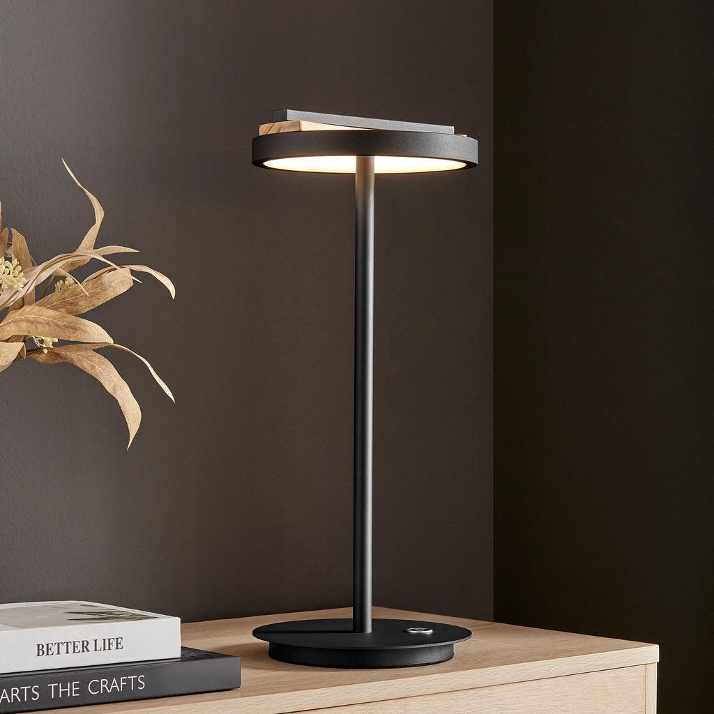 Satin Black & Wood Arched Table Lamp – Dimmable CCT LED