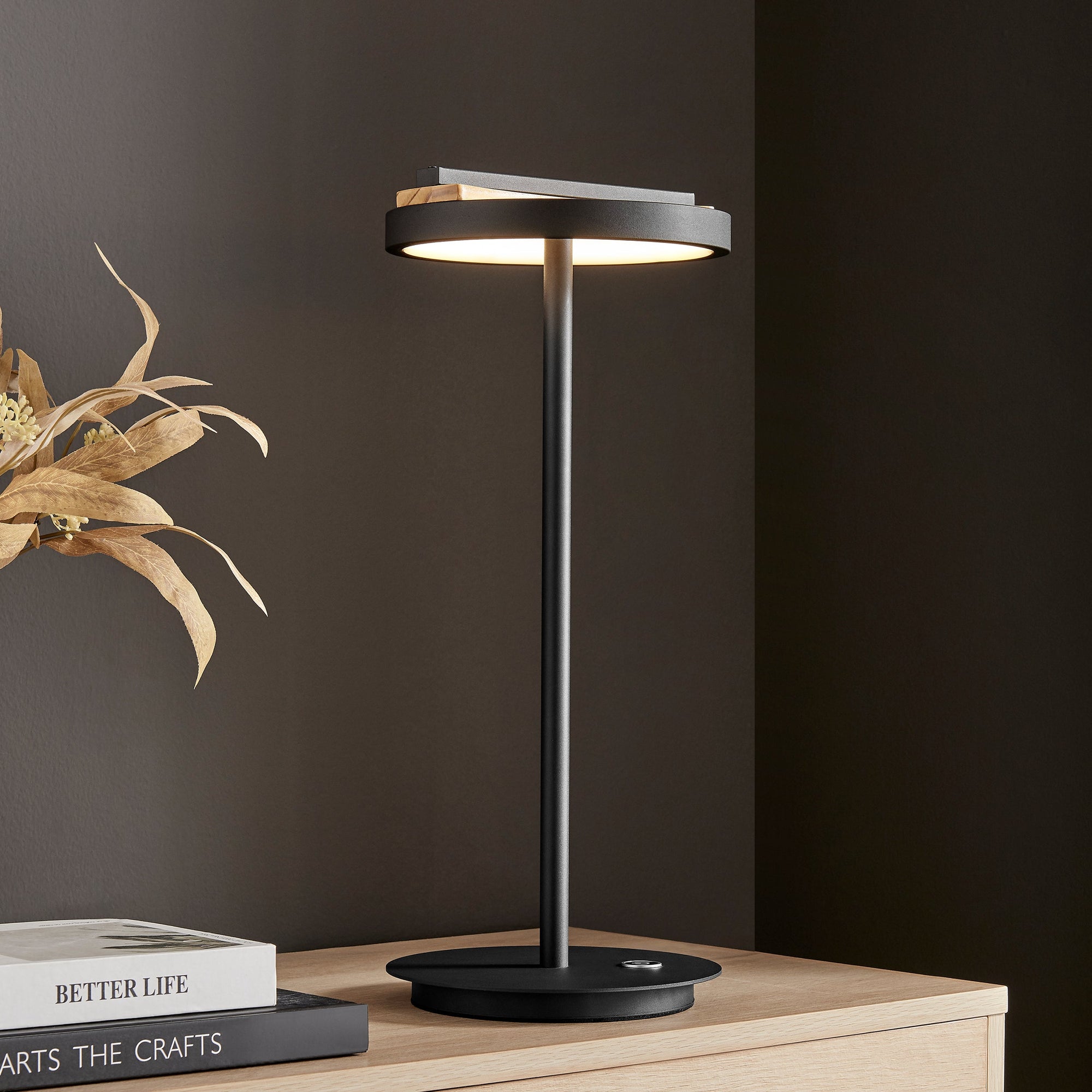 Satin Black & Wood Arched Table Lamp – Dimmable CCT LED