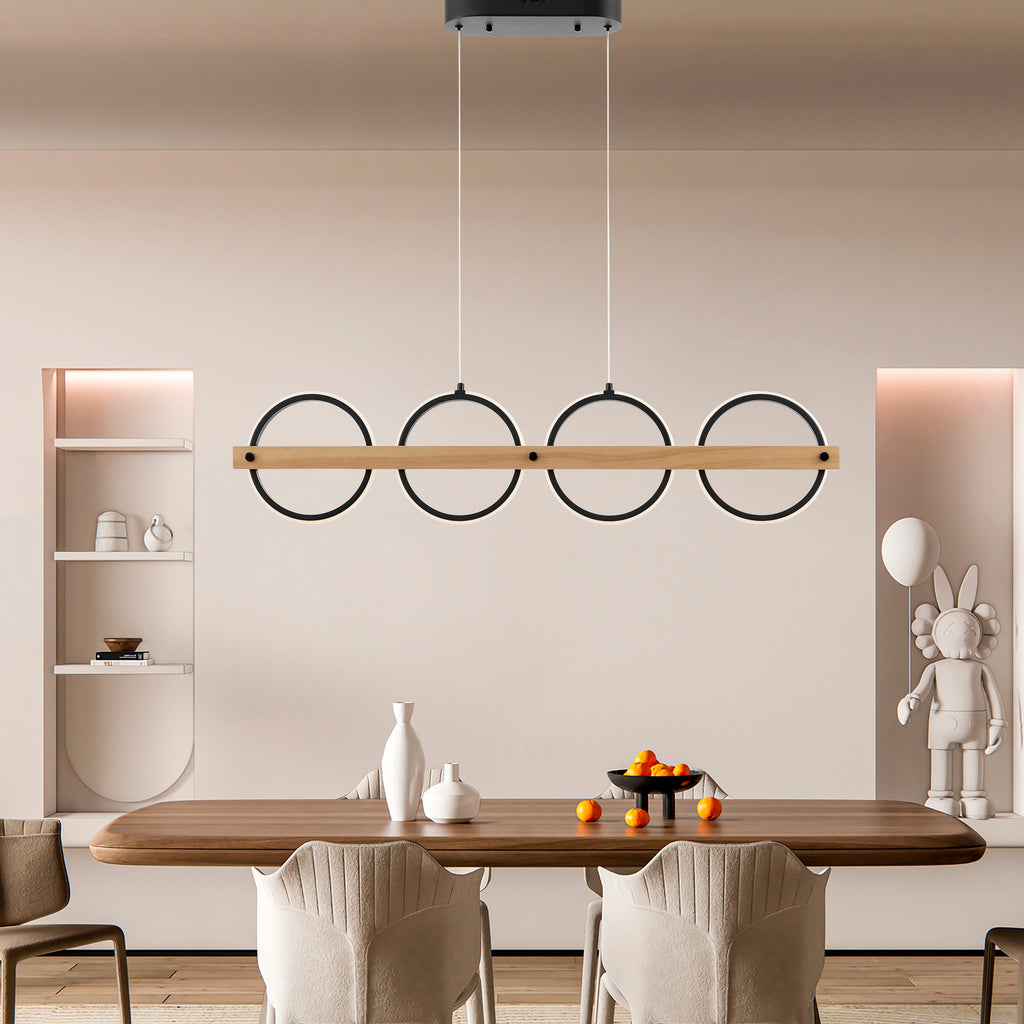 4-Circle Chandelier – Satin Black & Pine Wood