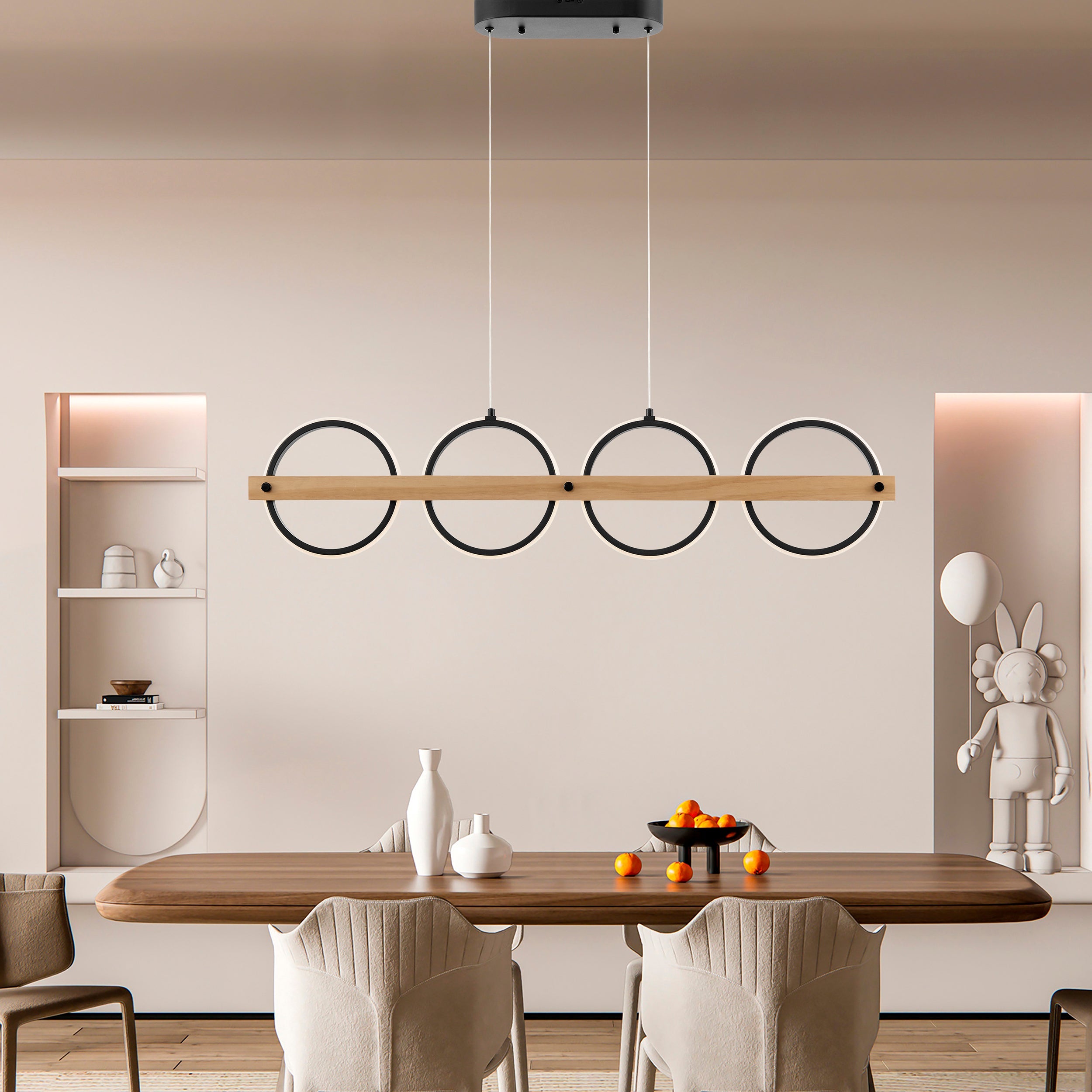 4-Circle Chandelier – Satin Black & Pine Wood