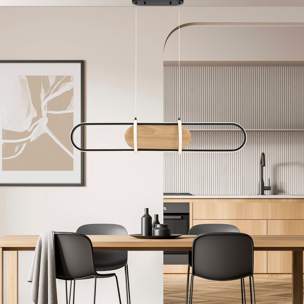 Rounded Rectangle Chandelier – Satin Black & Pine Wood