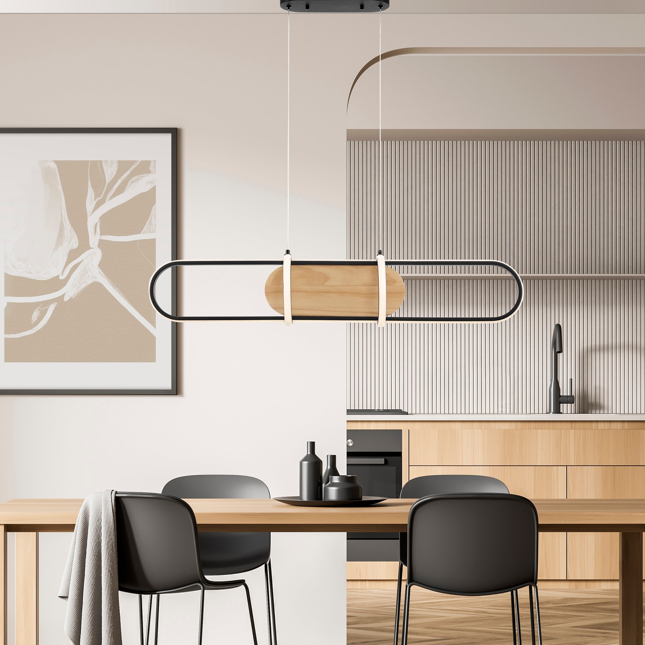 Rounded Rectangle Chandelier – Satin Black & Pine Wood
