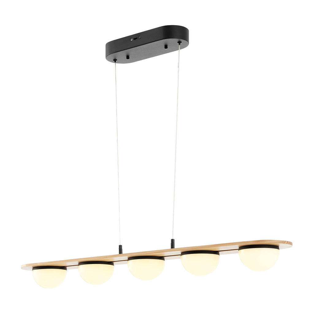 Satin Black & Wood 5-Light Chandelier – Frosted Globes