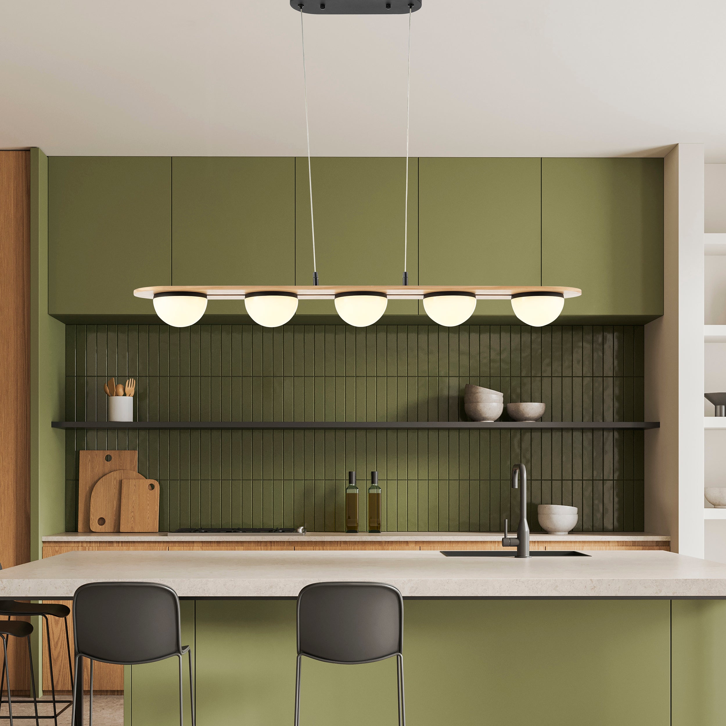 Satin Black & Wood 5-Light Chandelier – Frosted Globes