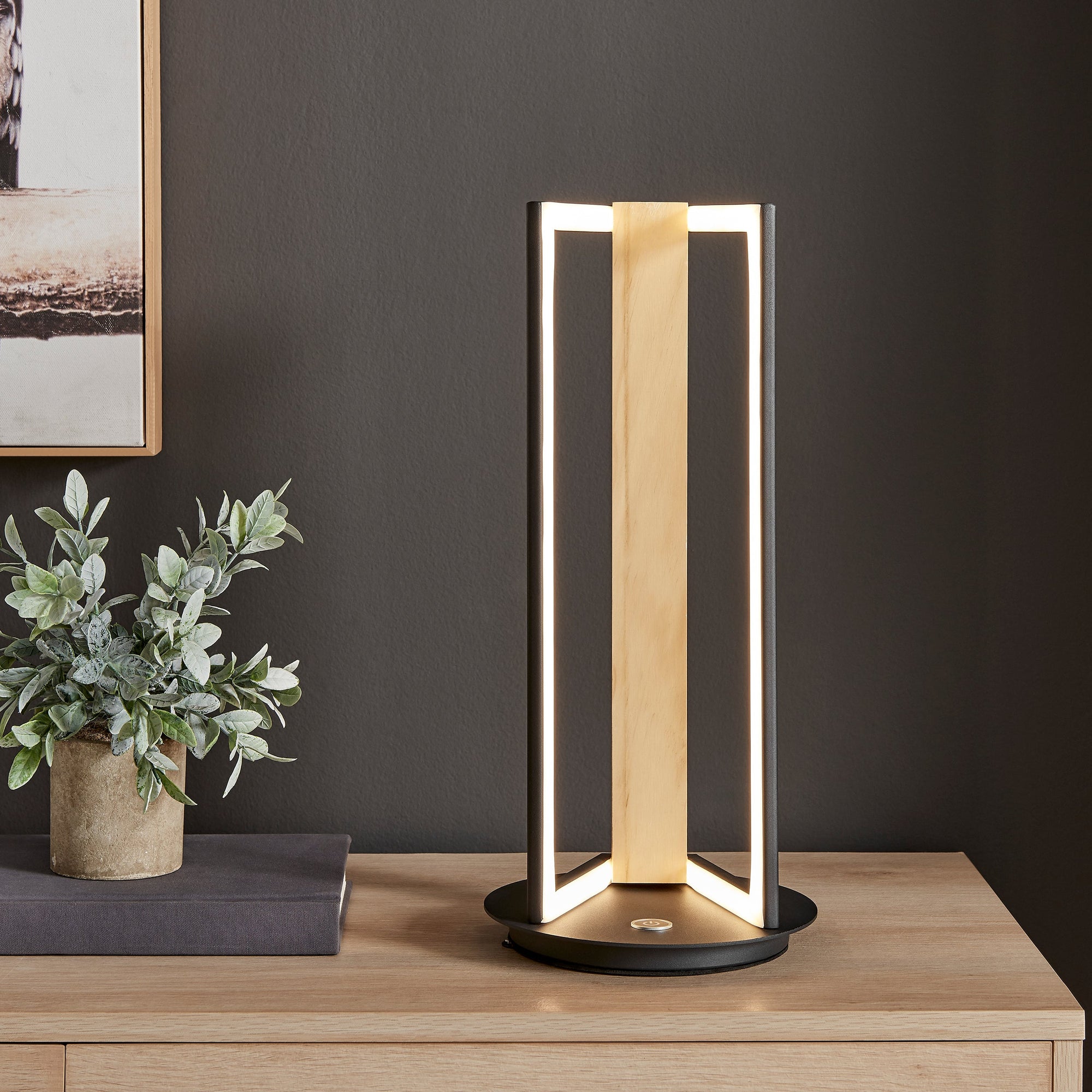 Satin Black & Wood Table Lamp – Geometric