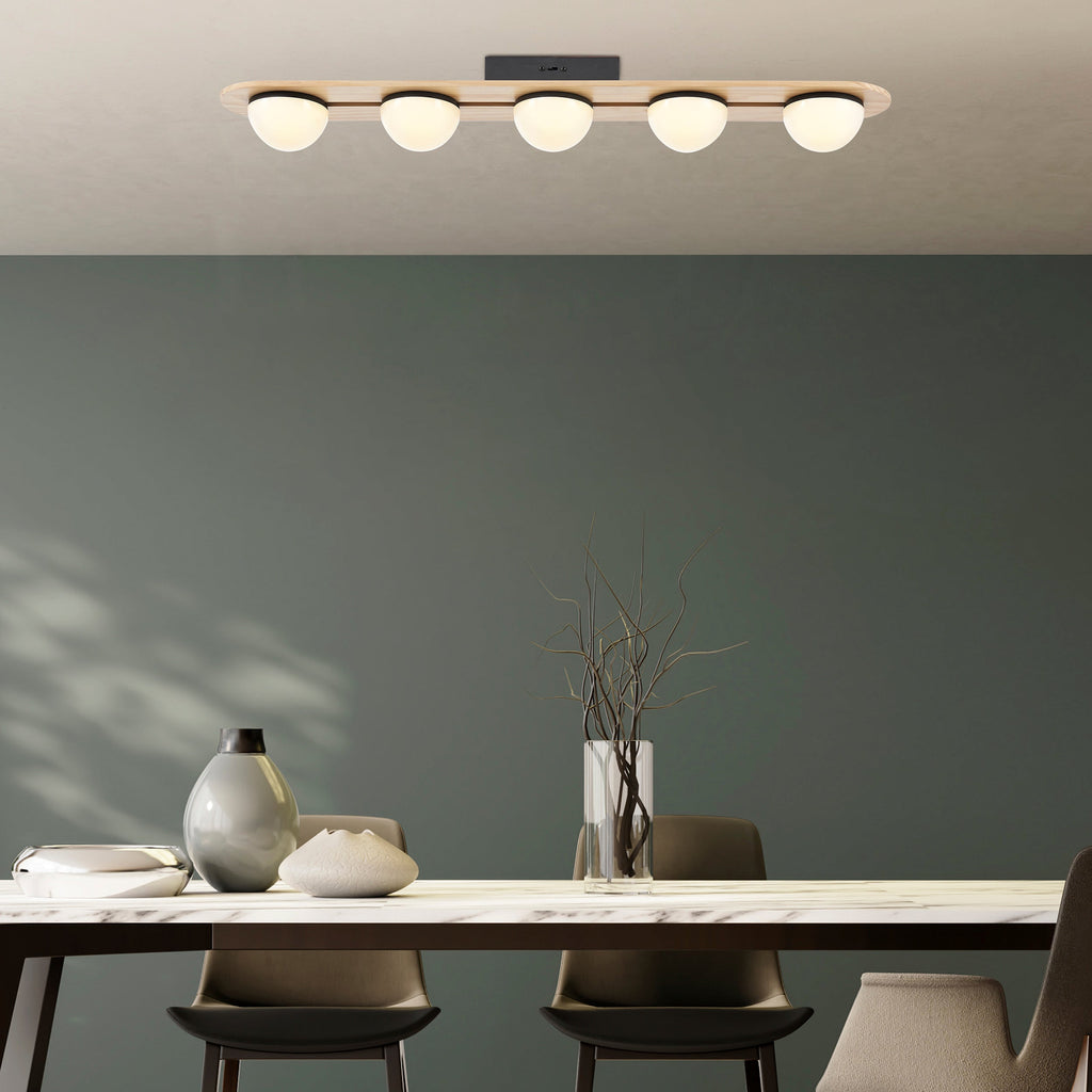 Flush Mount Chandelier – Satin Black Iron & Pine Wood