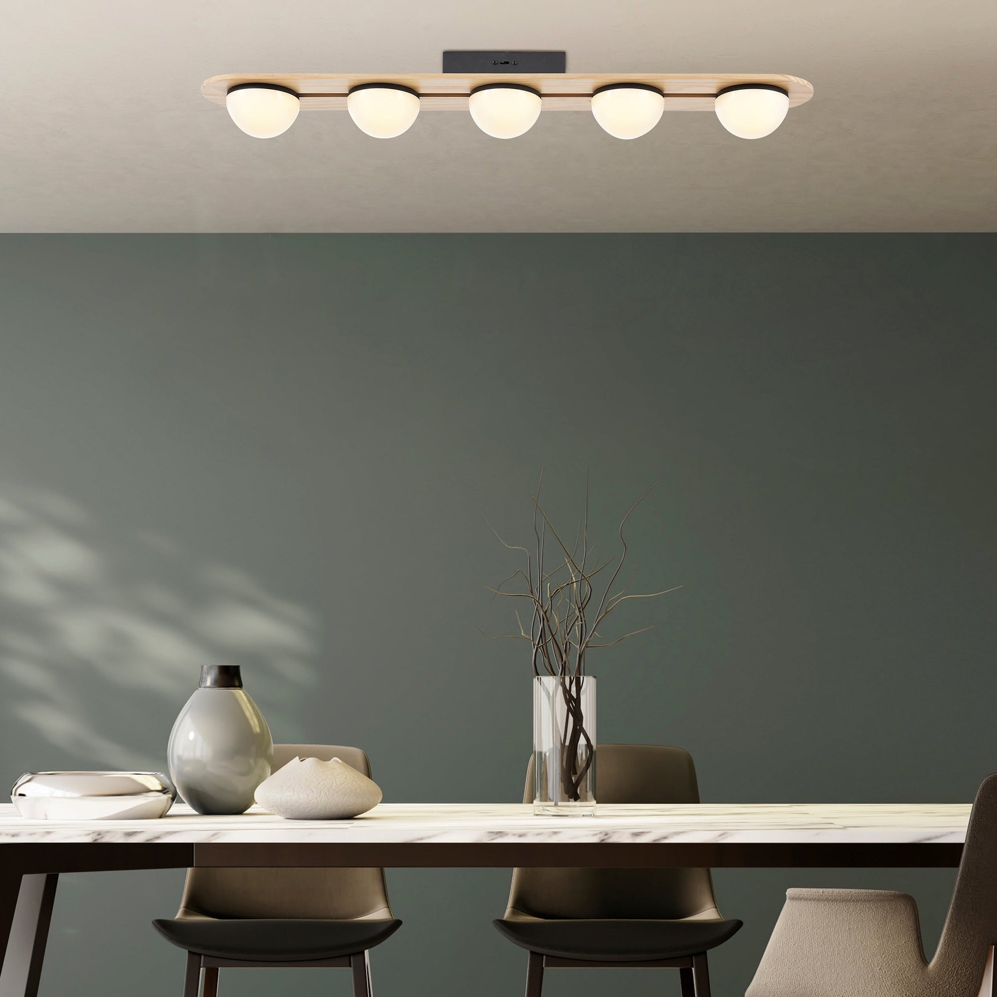 Flush Mount Chandelier – Satin Black Iron & Pine Wood