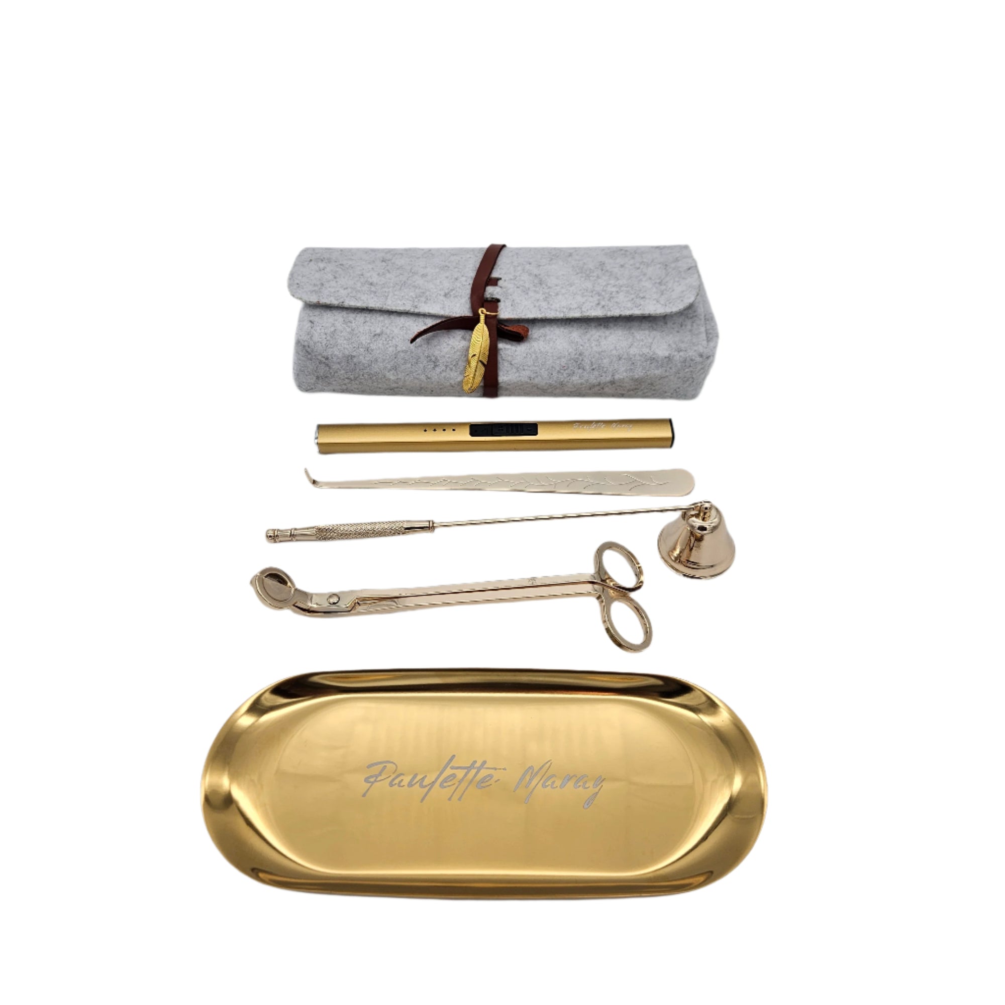 Gold Rechargeable electric lighter set for candles with a snuffer, wick trimmer, and plate holder, sleek design for safe and easy candle care