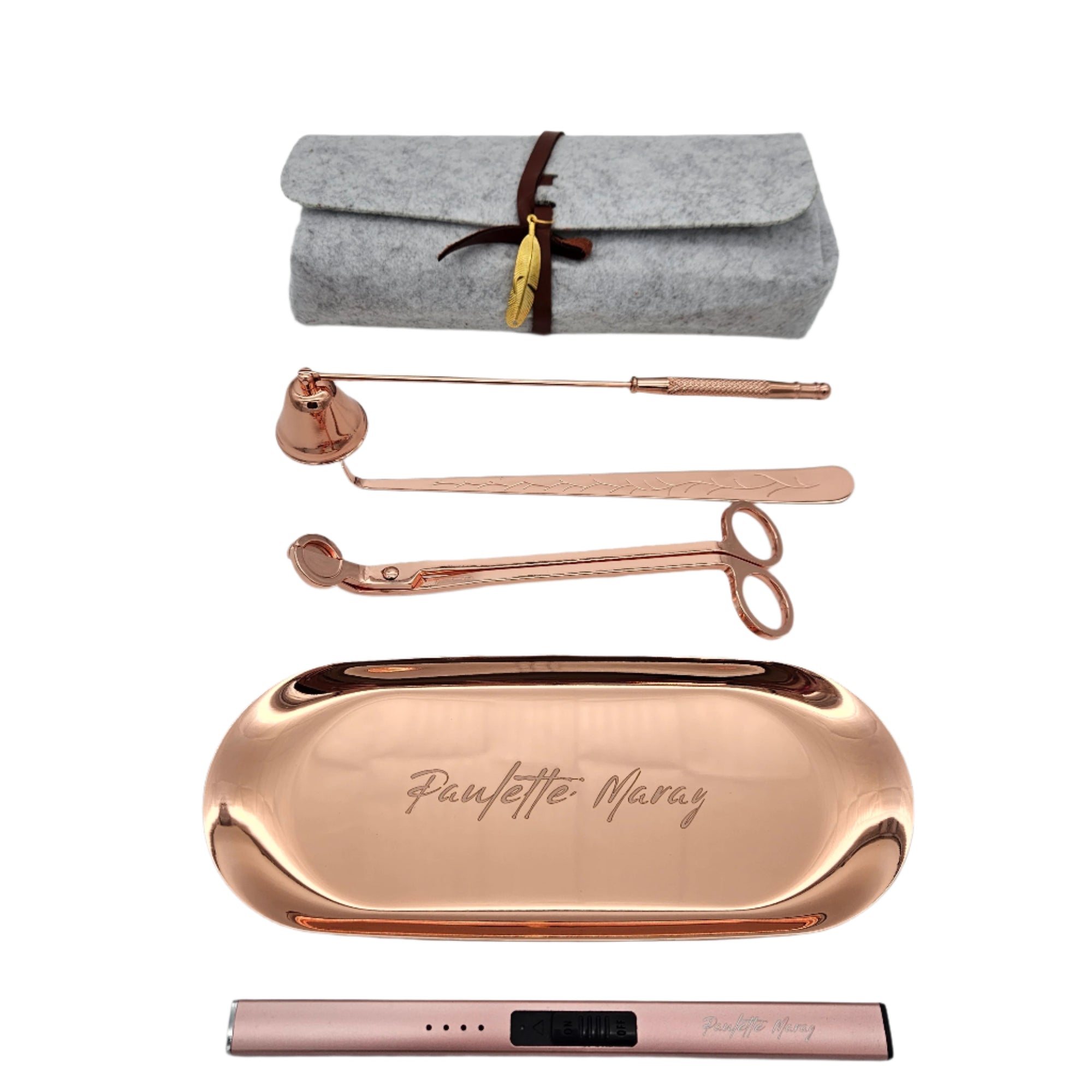 Rose Gold Rechargeable electric lighter set for candles with a snuffer, wick trimmer, and plate holder, sleek design for safe and easy candle care