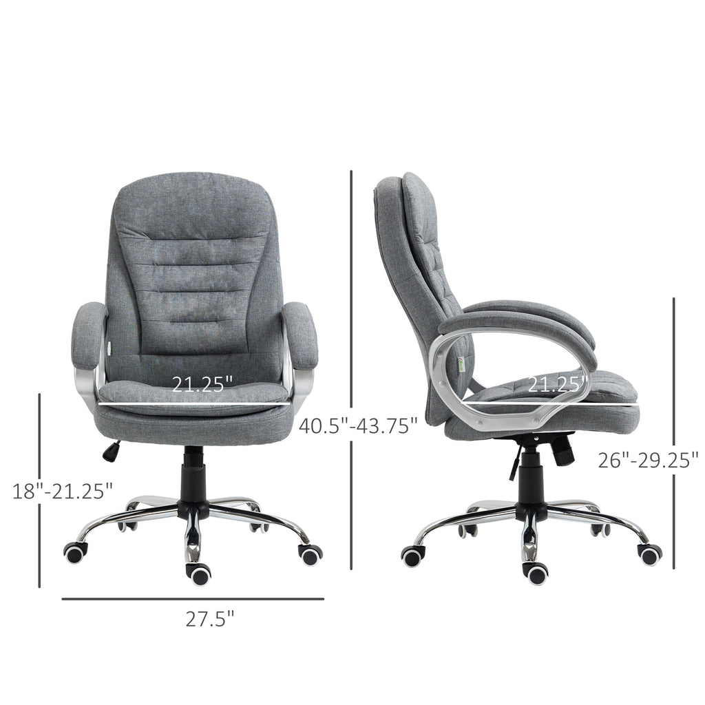 Front and side chair diagrams showing overall width, adjustable height, seat measurements and floor-to-armrest height.