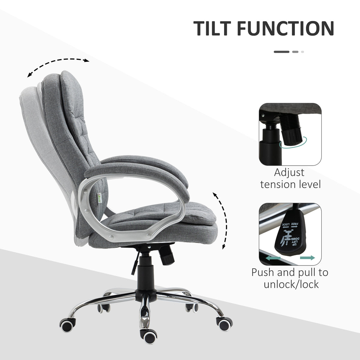 Side-view tilt graphic showing the chair's tension knob and push-pull locking lever.