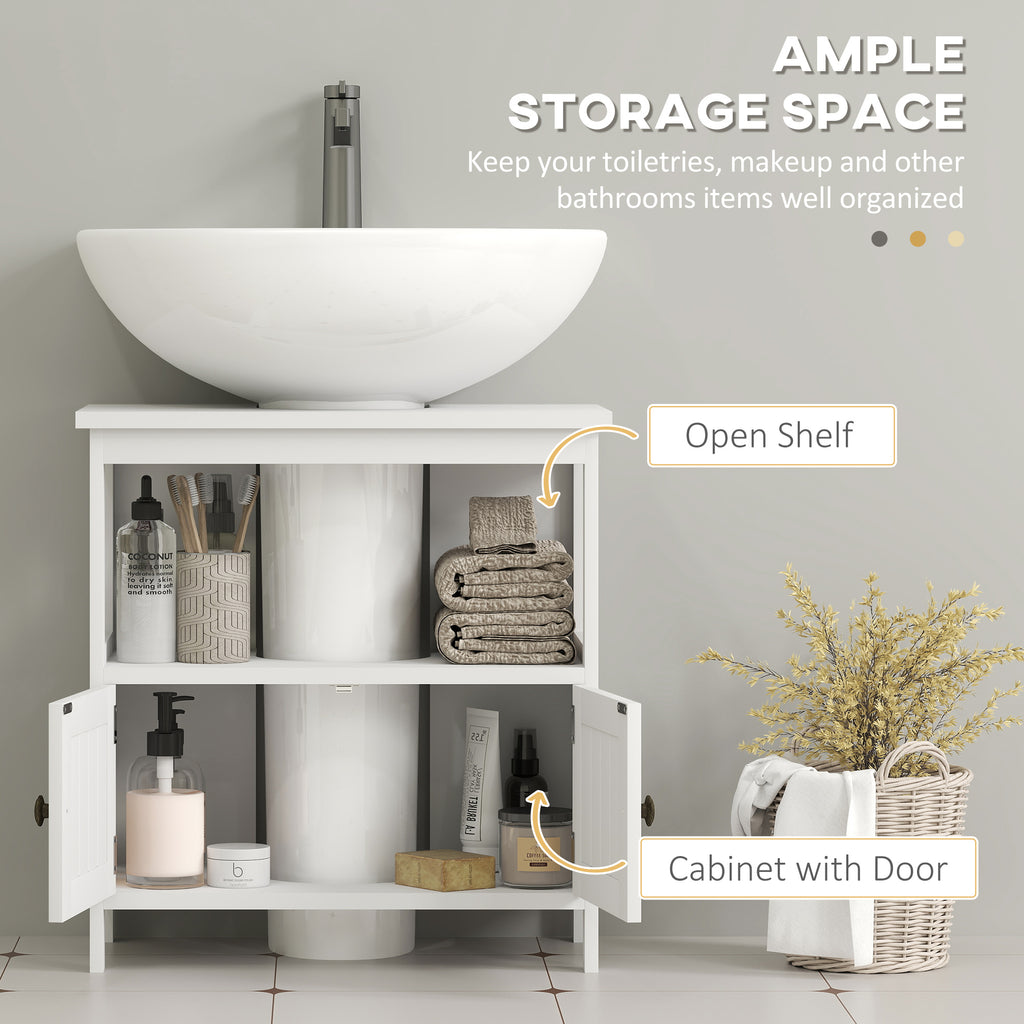 Open-door view of the Kleankin cabinet showing the upper display shelf and enclosed storage around a sink pedestal