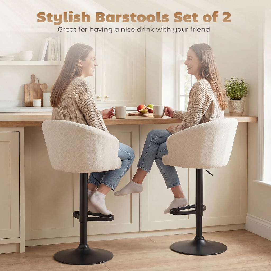 Avelisse pair of beige upholstered stools used for counter seating