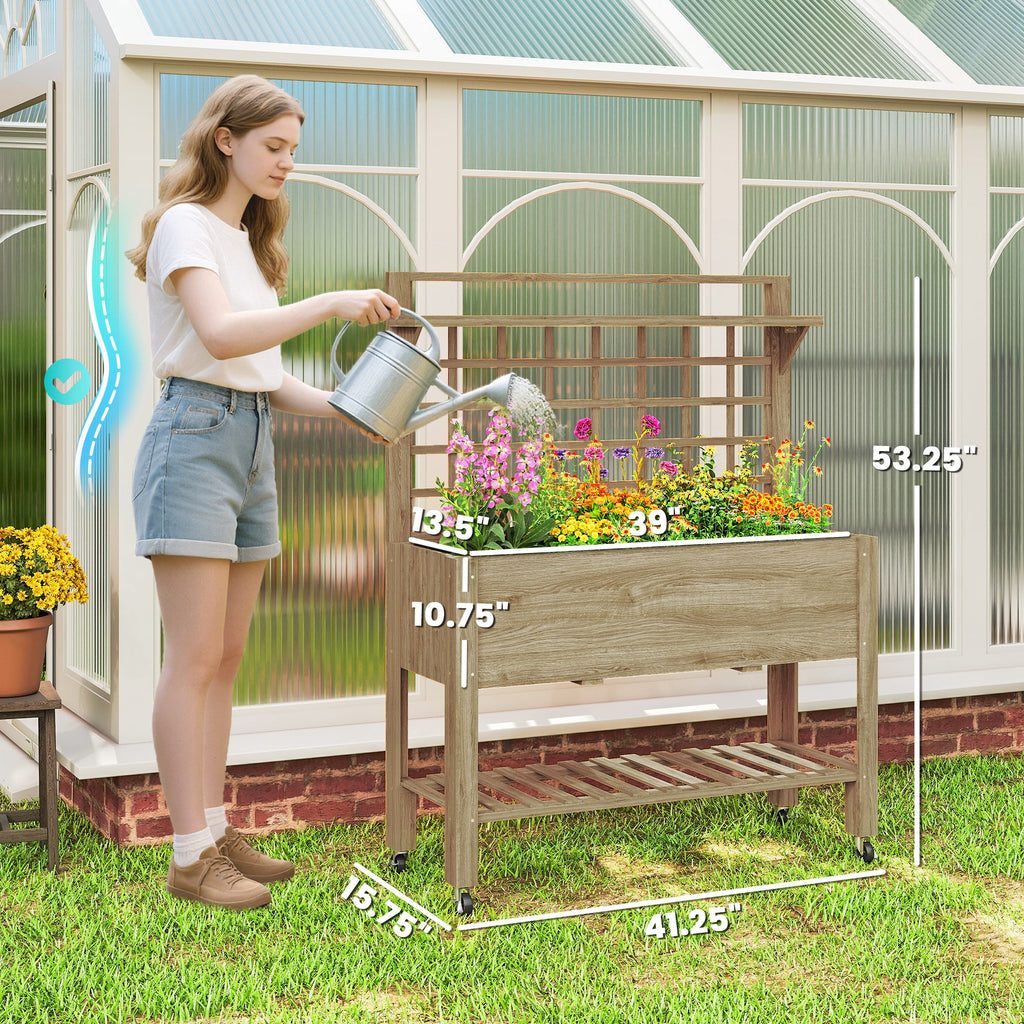 Manufacturer diagram of Briarwheel planter-box, overall width and height, and base-depth measurements