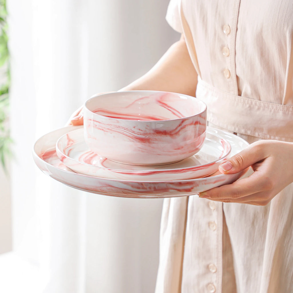 MALACASA LUNA Porcelain Dinnerware Set – 12 Pieces, Marble Design in Grey, Pink, or Blue