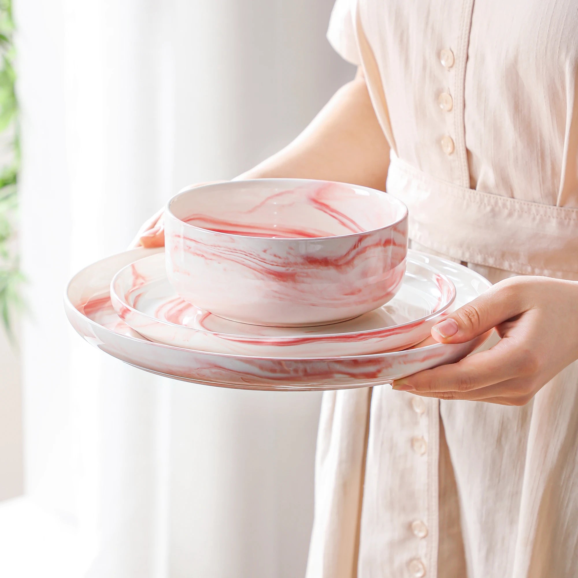 MALACASA LUNA 24-Piece Marble Porcelain Dinnerware Set