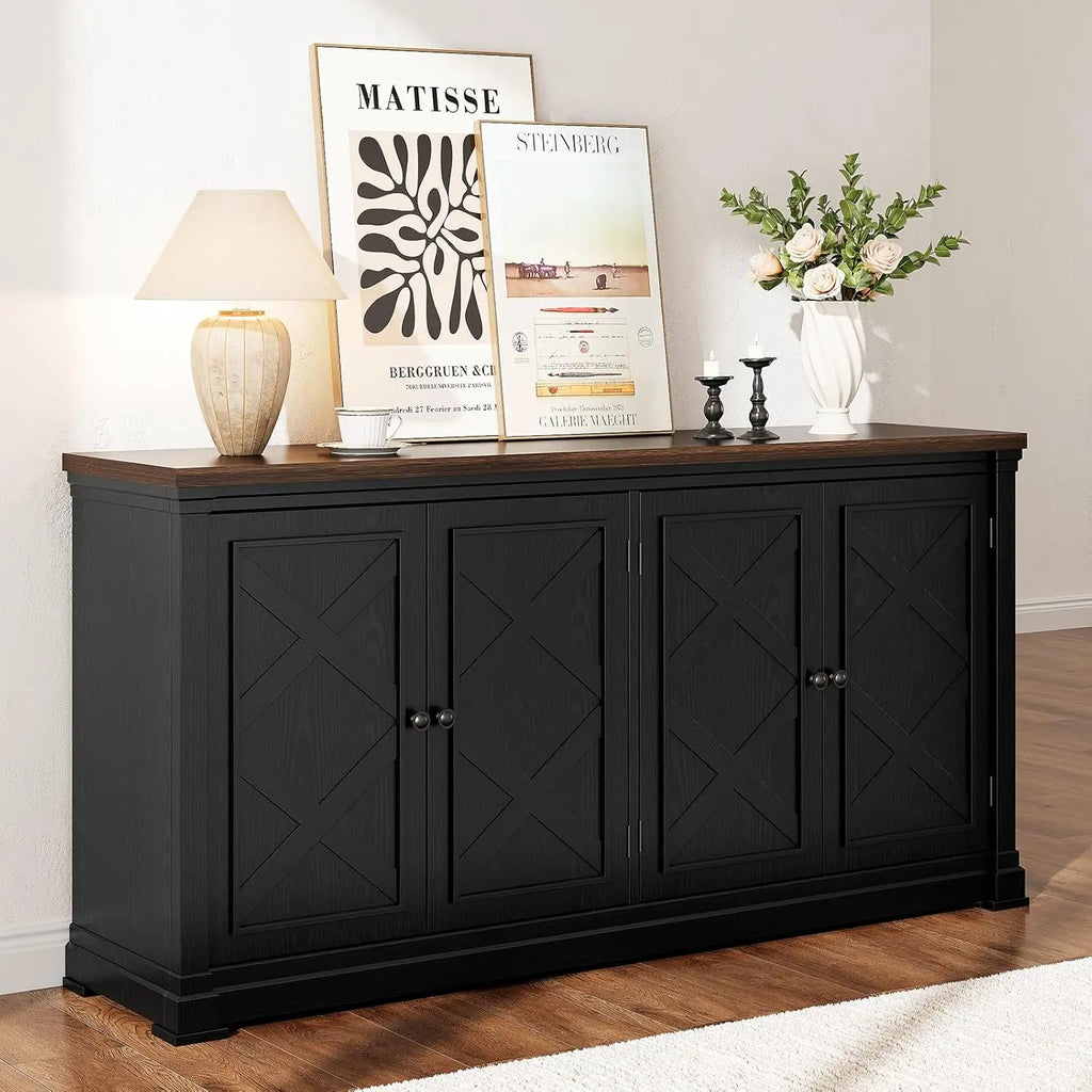 Black Sparkrise farmhouse sideboard styled with a lamp and flowers