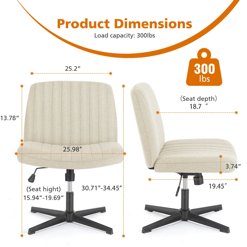Beige office chair with dimensions and load capacity information on a white background