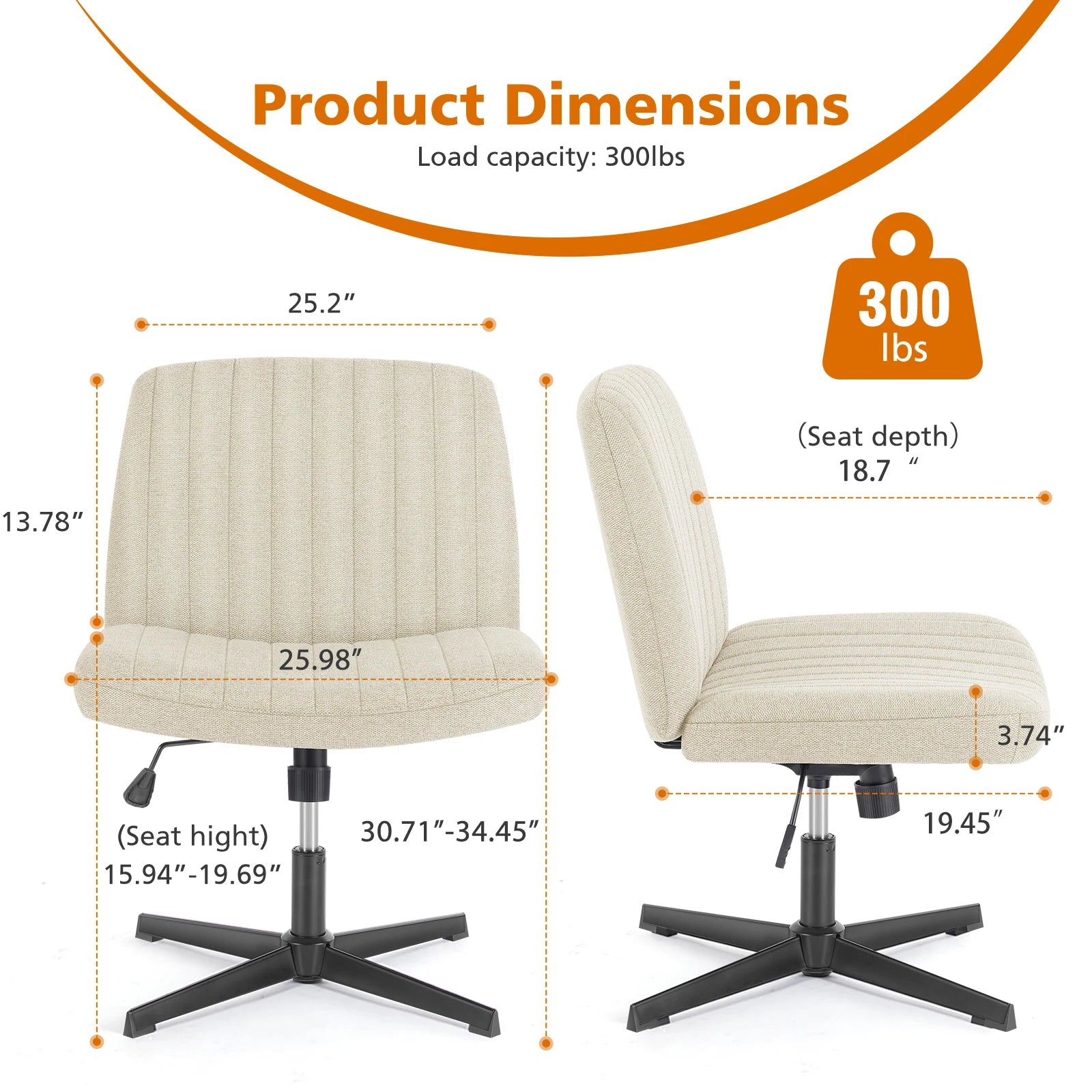 Beige office chair with dimensions and load capacity information on a white background