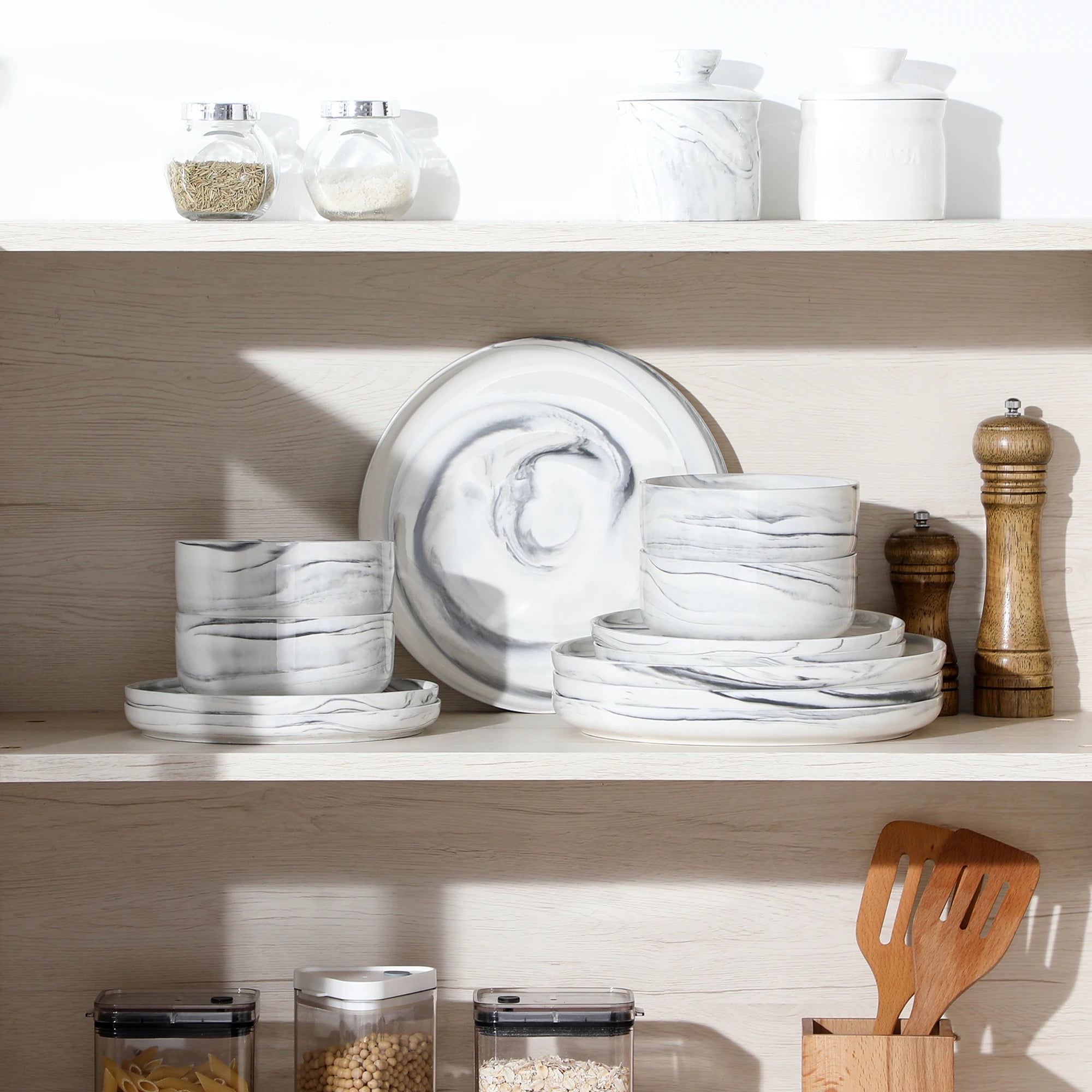MALACASA LUNA Porcelain Dinnerware Set – 12 Pieces, Marble Design in Grey, Pink, or Blue
