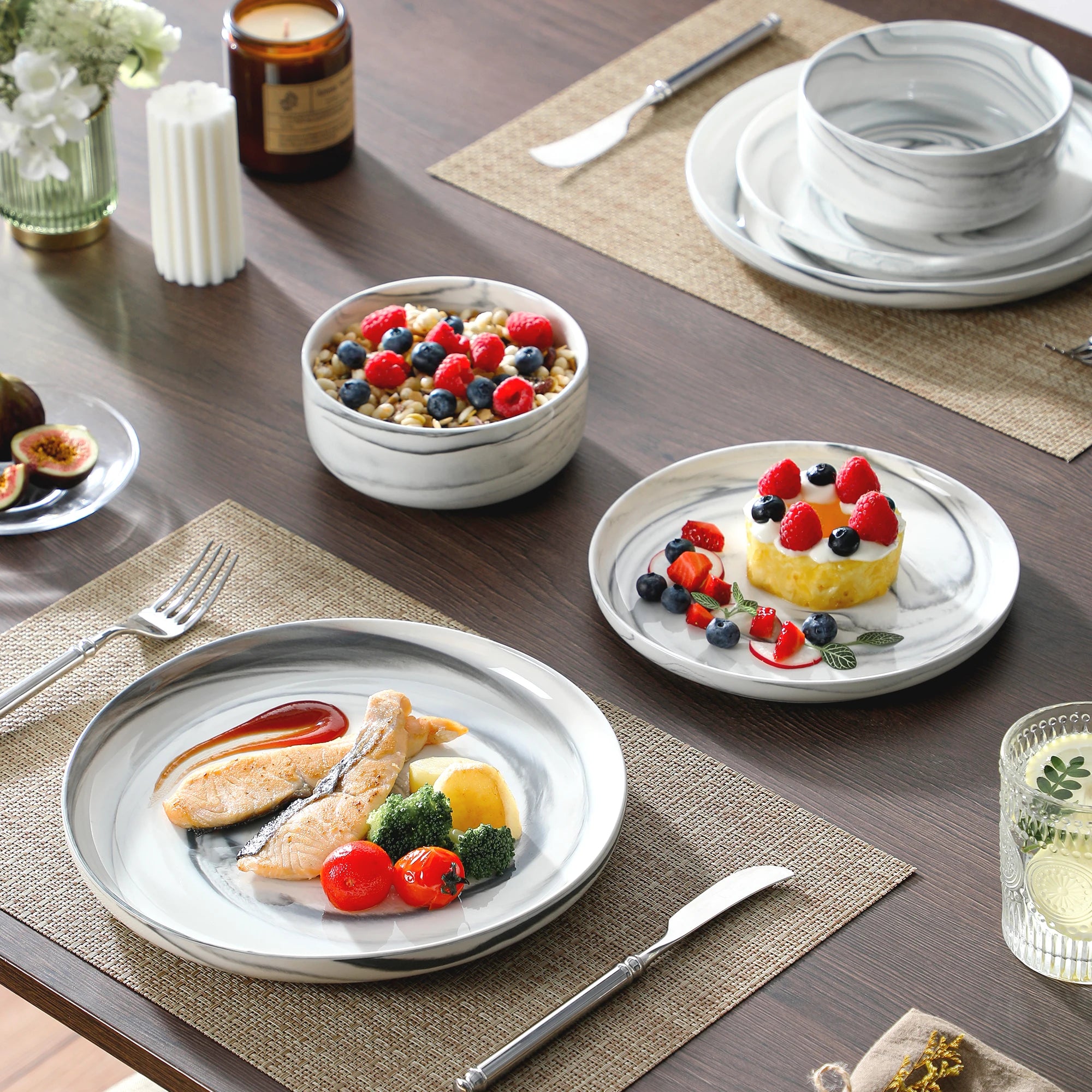 MALACASA LUNA Porcelain Dinnerware Set – 12 Pieces, Marble Design in Grey, Pink, or Blue