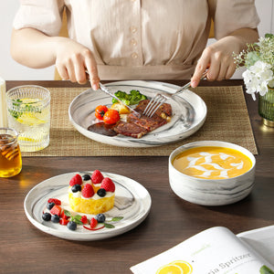 MALACASA LUNA Porcelain Dinnerware Set – 12 Pieces, Marble Design in Grey, Pink, or Blue