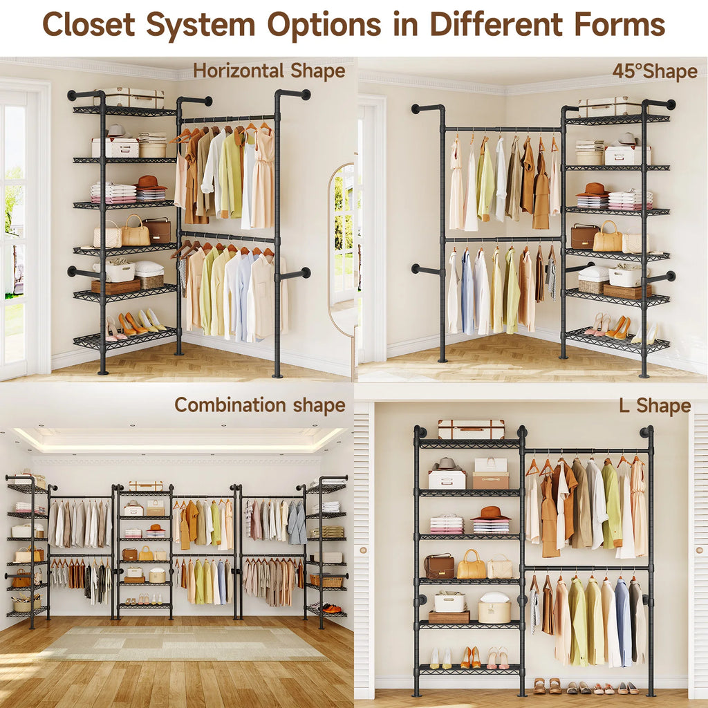 Black Wonderveil closet layout examples in straight, angled, L-shaped and multiple-unit arrangements