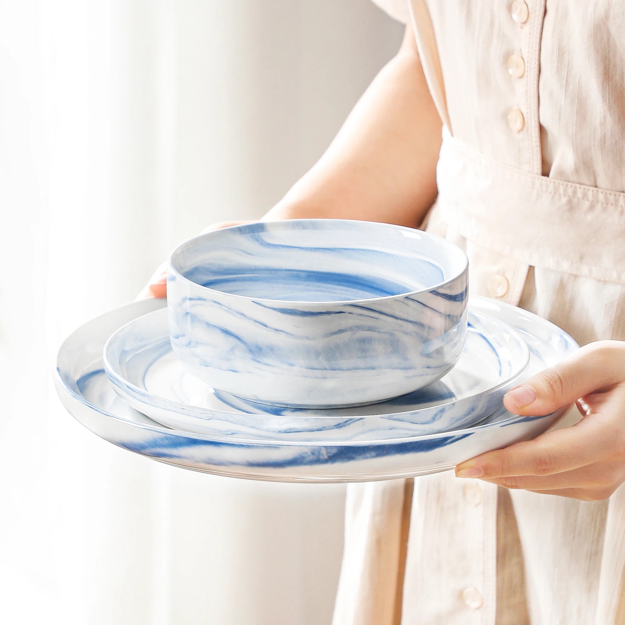 MALACASA LUNA 24-Piece Marble Porcelain Dinnerware Set